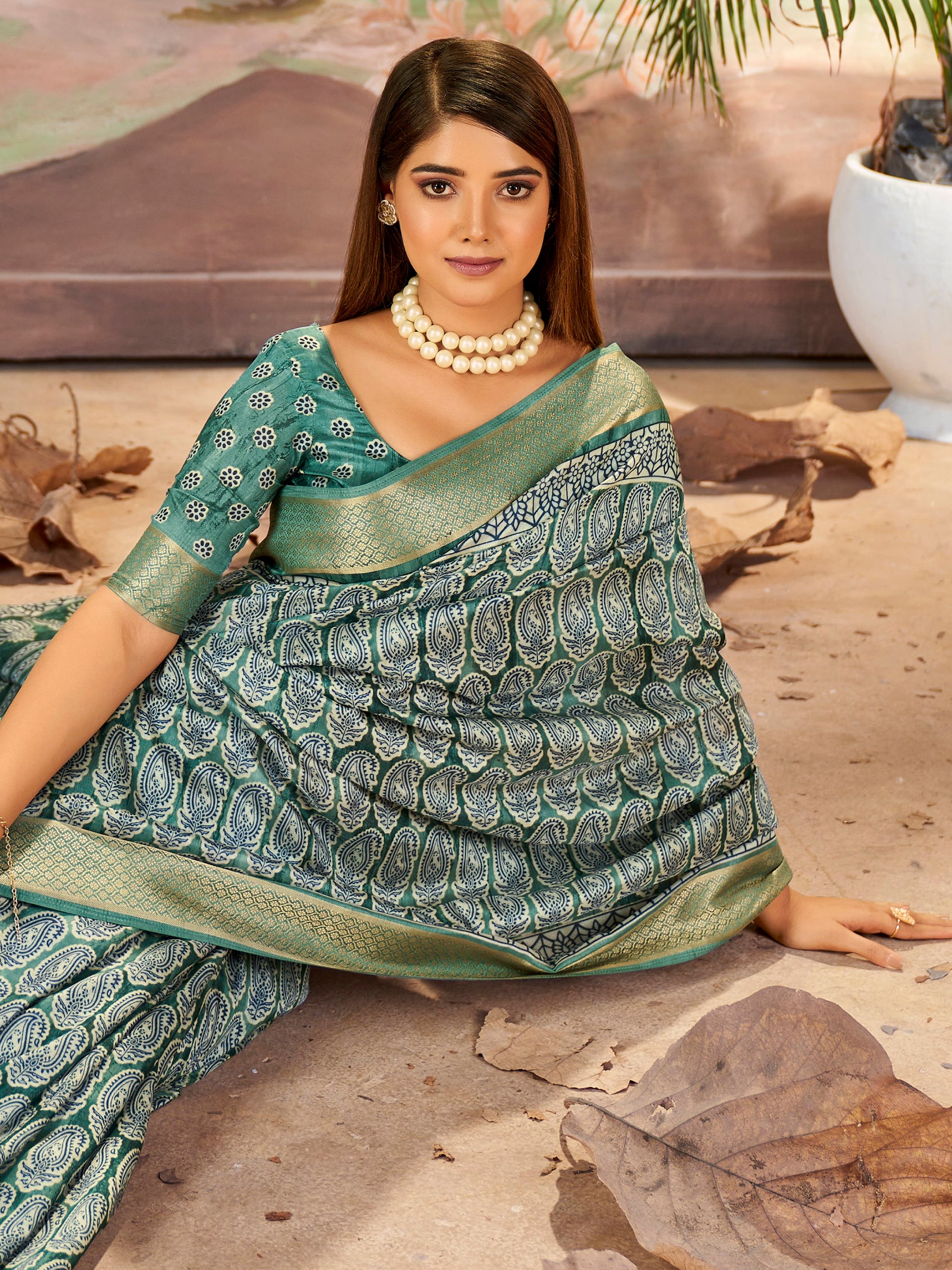 Incredible Mineral Green Printed Dola Silk Festive Wear Saree With Blouse