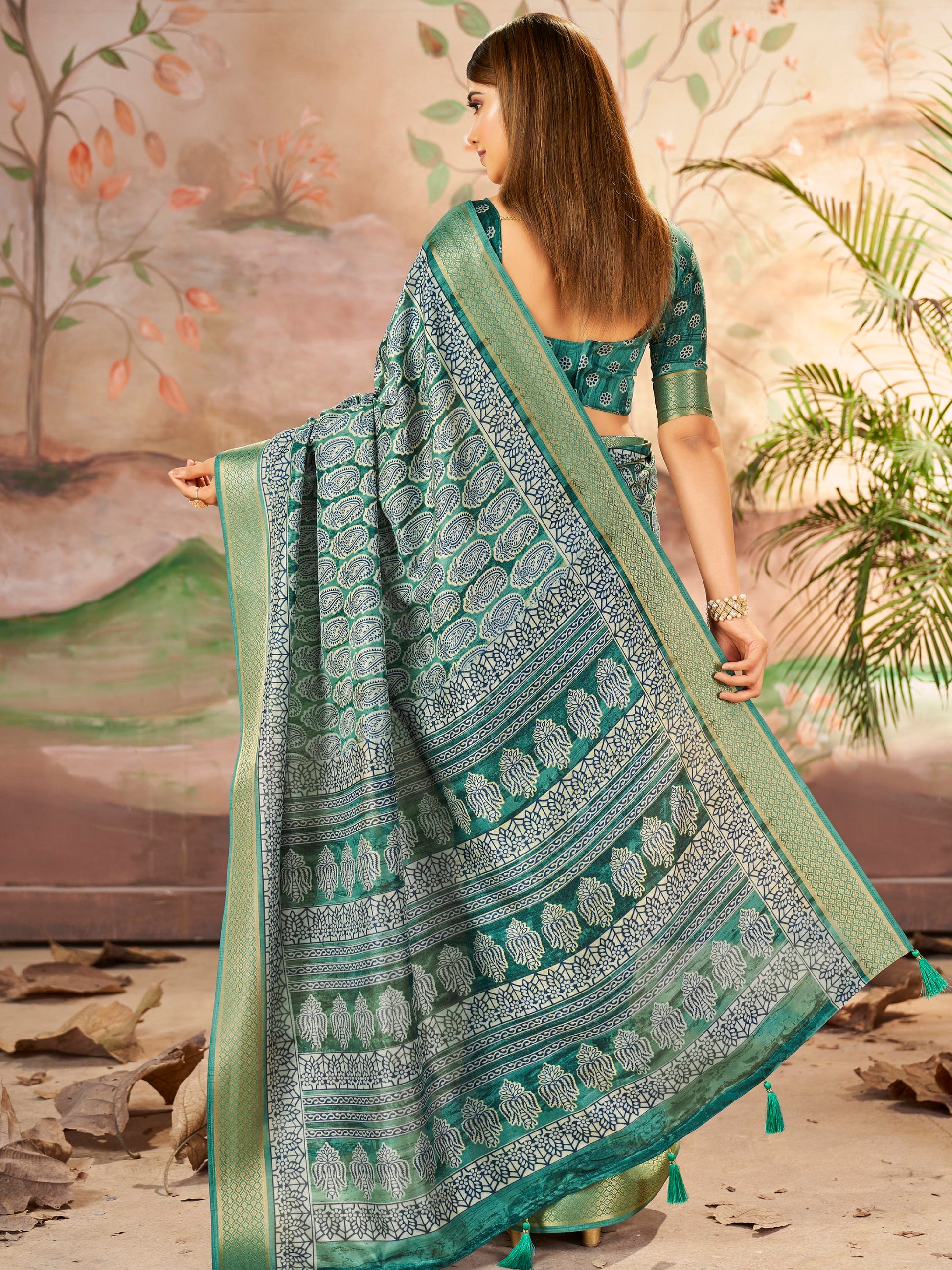 Incredible Mineral Green Printed Dola Silk Festive Wear Saree With Blouse