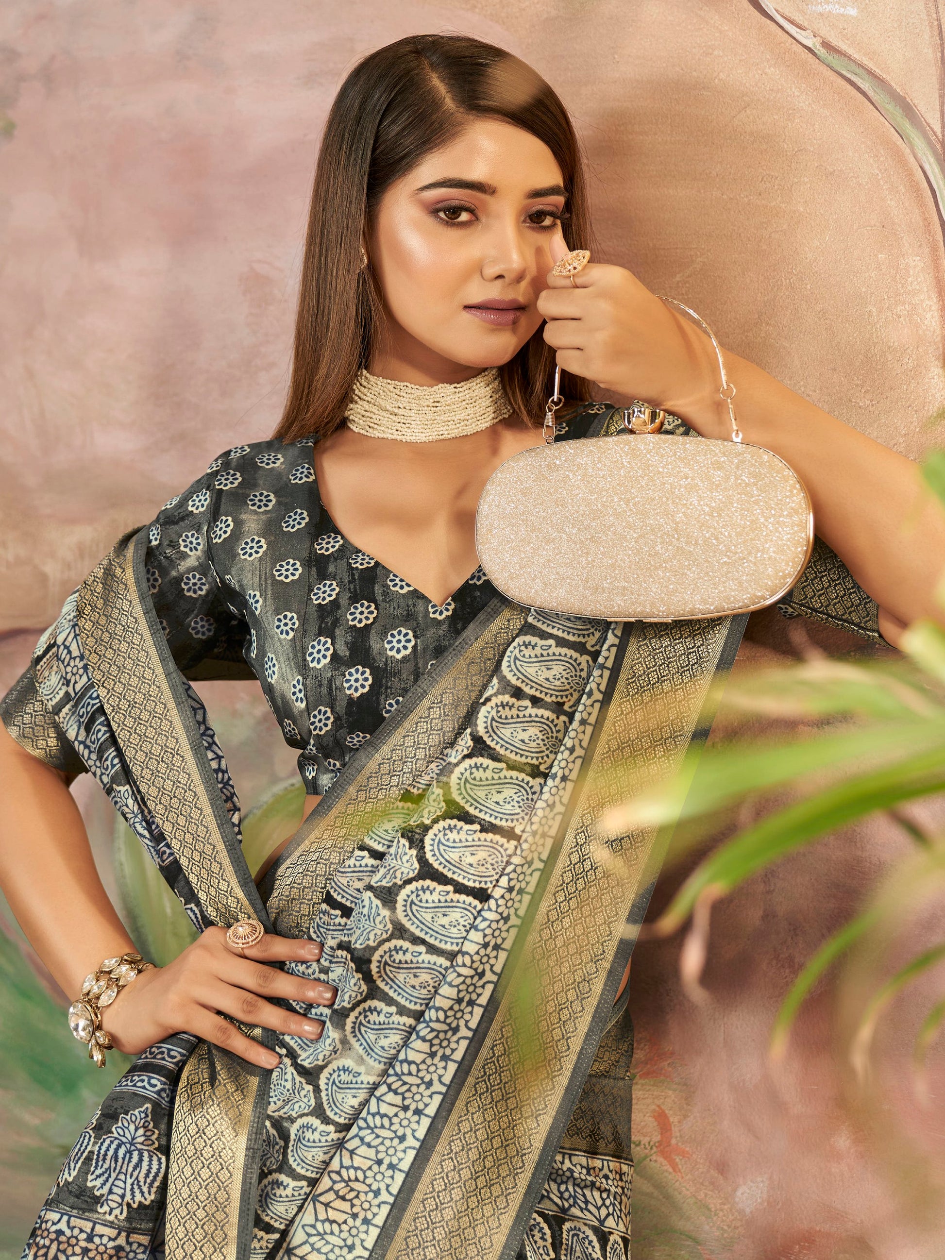 Wonderful Carbon Grey Digital Printed Dola Silk Daily Wear Saree With Blouse