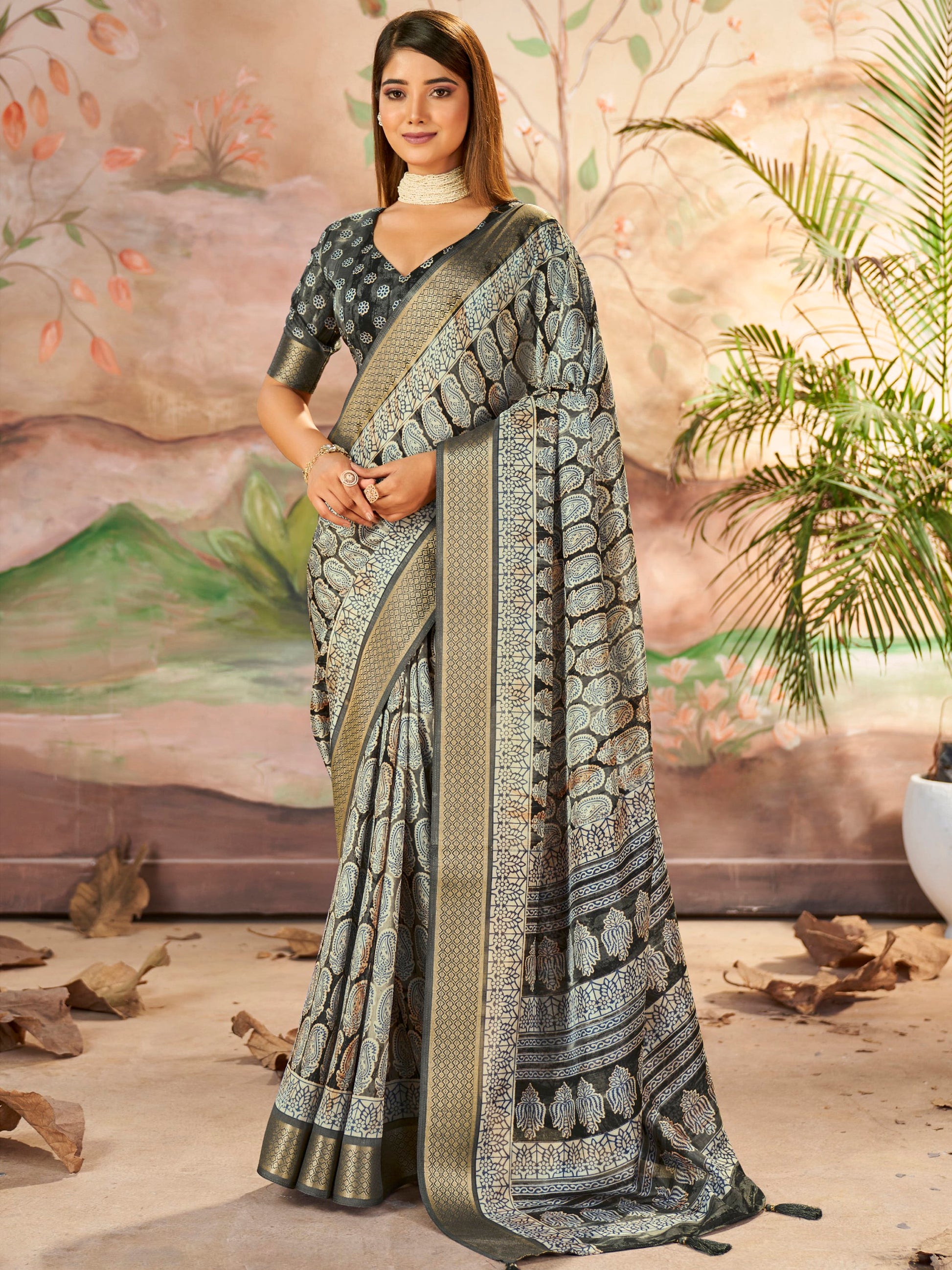 Wonderful Carbon Grey Digital Printed Dola Silk Daily Wear Saree With Blouse