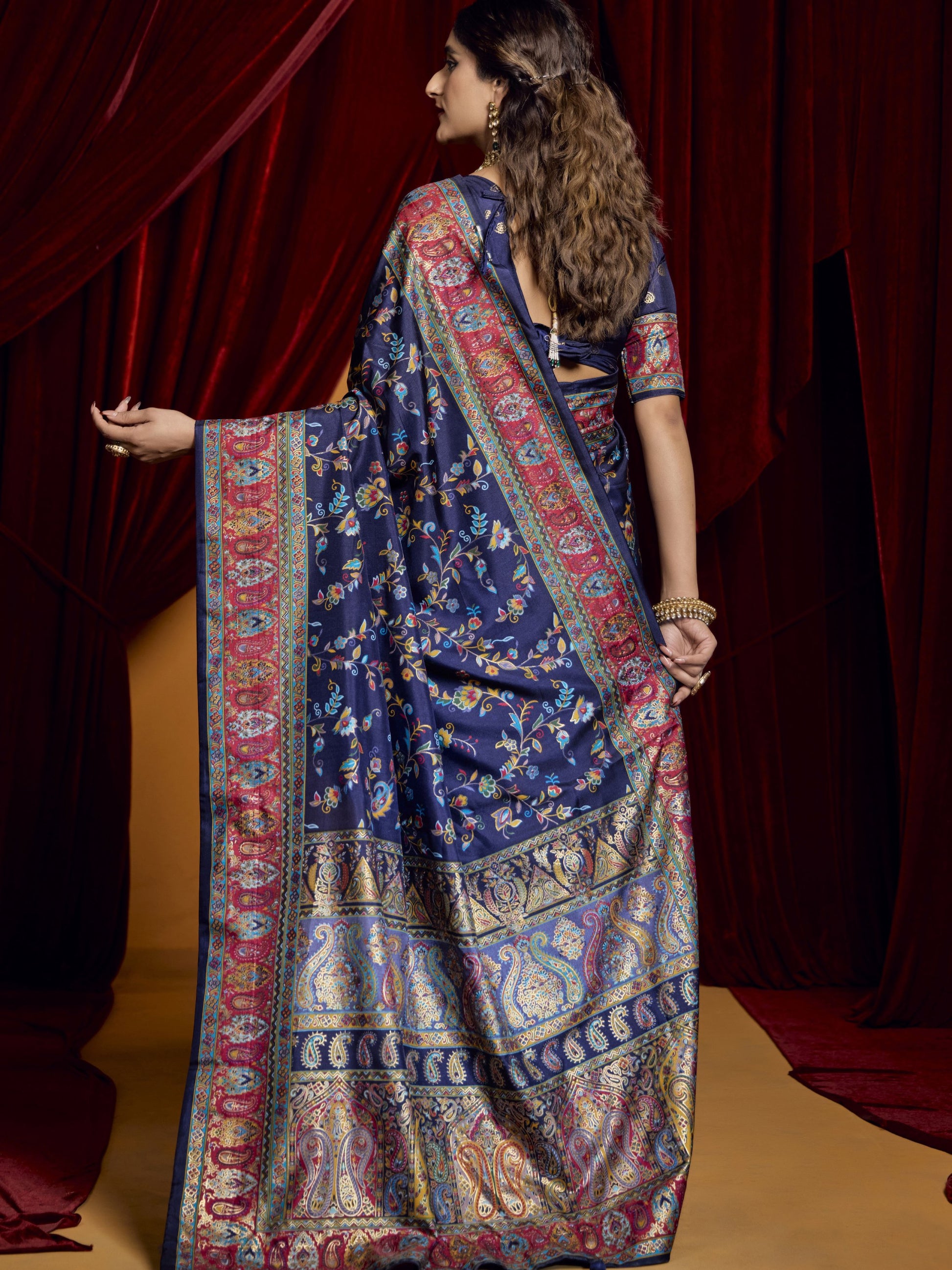 Tantalizing Navy Blue Paisley Printed Tussar Silk Party Wear Saree