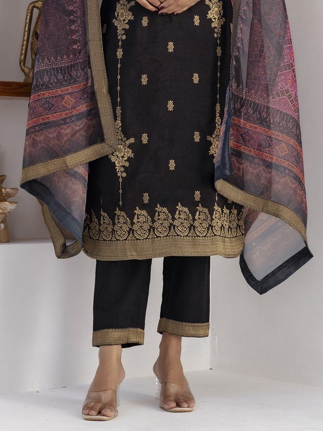 Stunning Black Zari Weaving Viscose Silk Party Wear Pant Suit With Dupatta