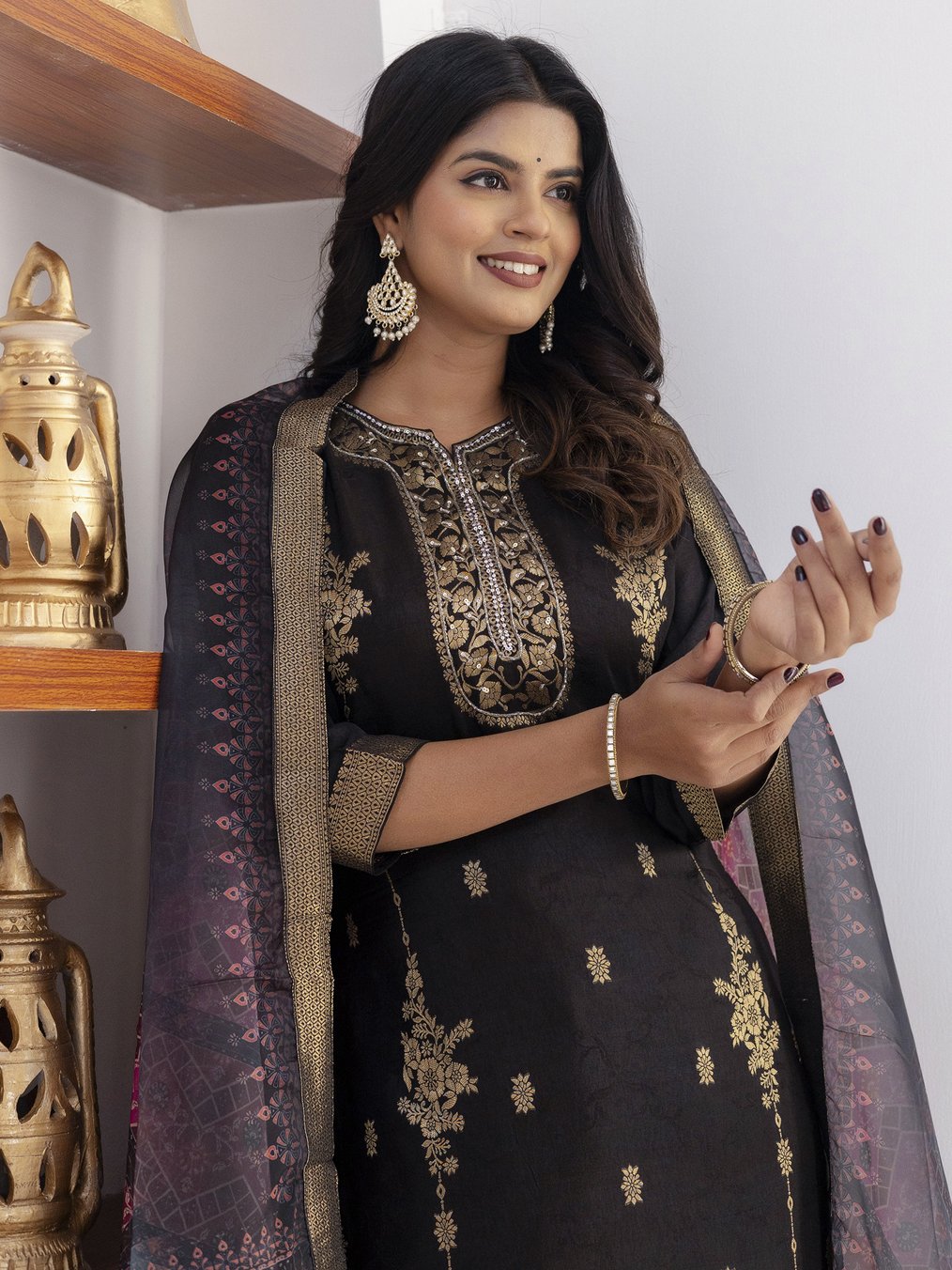 Stunning Black Zari Weaving Viscose Silk Party Wear Pant Suit With Dupatta
