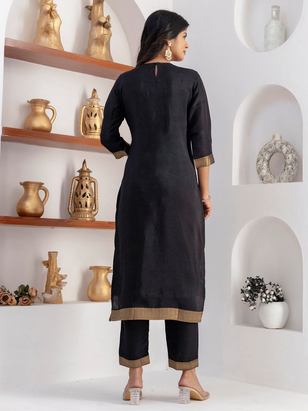 Stunning Black Zari Weaving Viscose Silk Party Wear Pant Suit With Dupatta