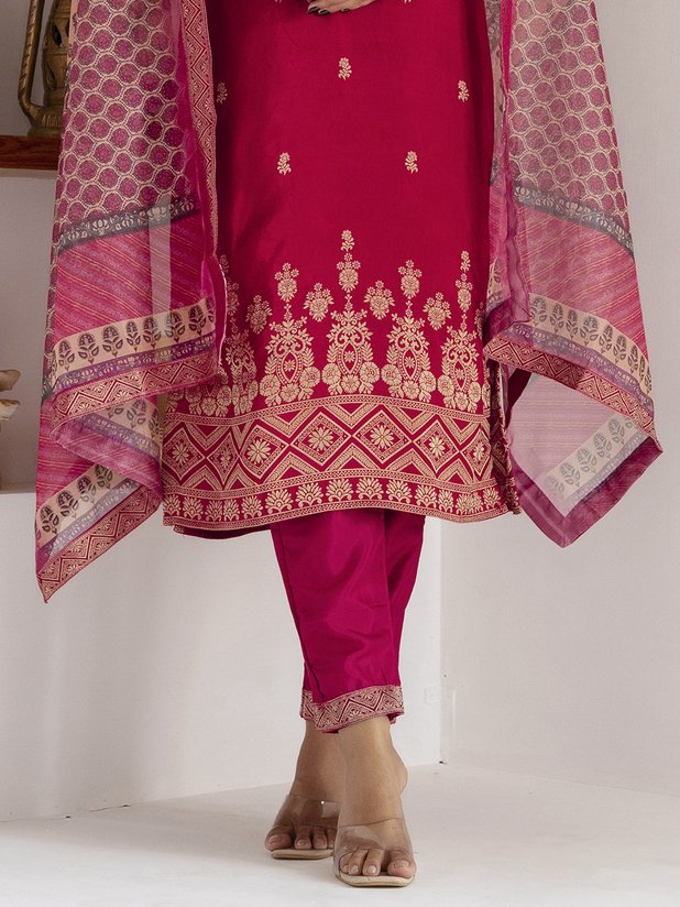 Glamorous Pink Zari Weaving Viscose Silk Festive Wear Pant Suit