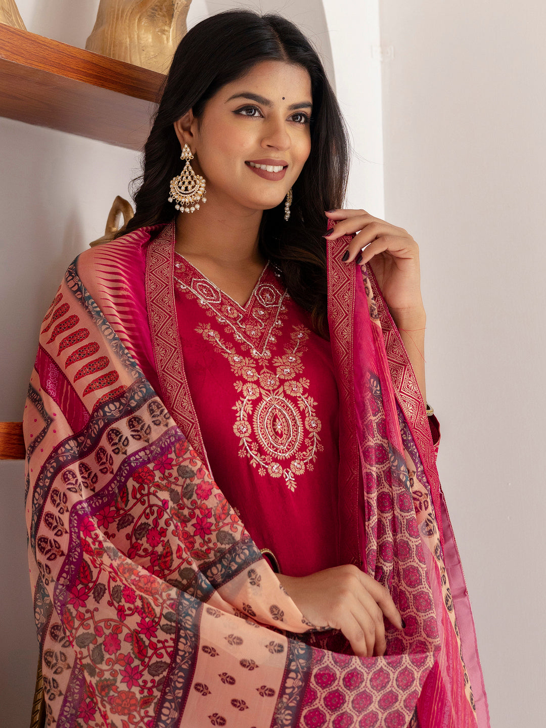 Glamorous Pink Zari Weaving Viscose Silk Festive Wear Pant Suit