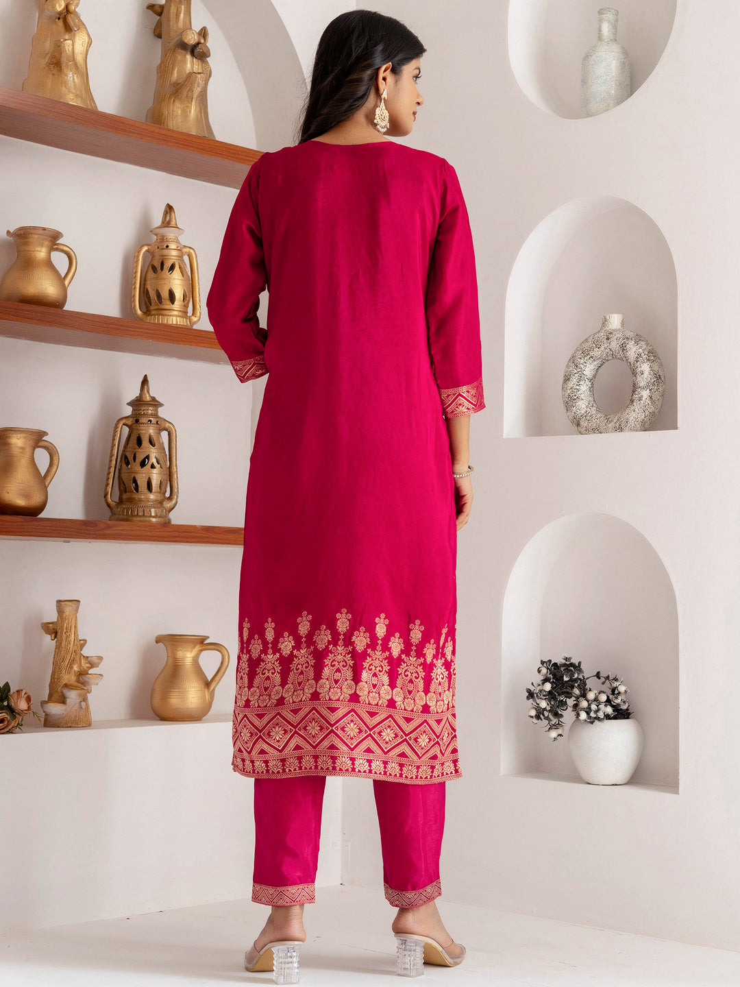 Glamorous Pink Zari Weaving Viscose Silk Festive Wear Pant Suit