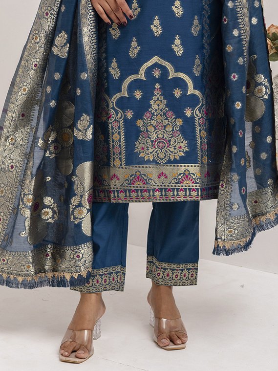 Fantastic Teal Blue Hand Work Jacquard Silk Party Wear Pant Suit With Dupatta