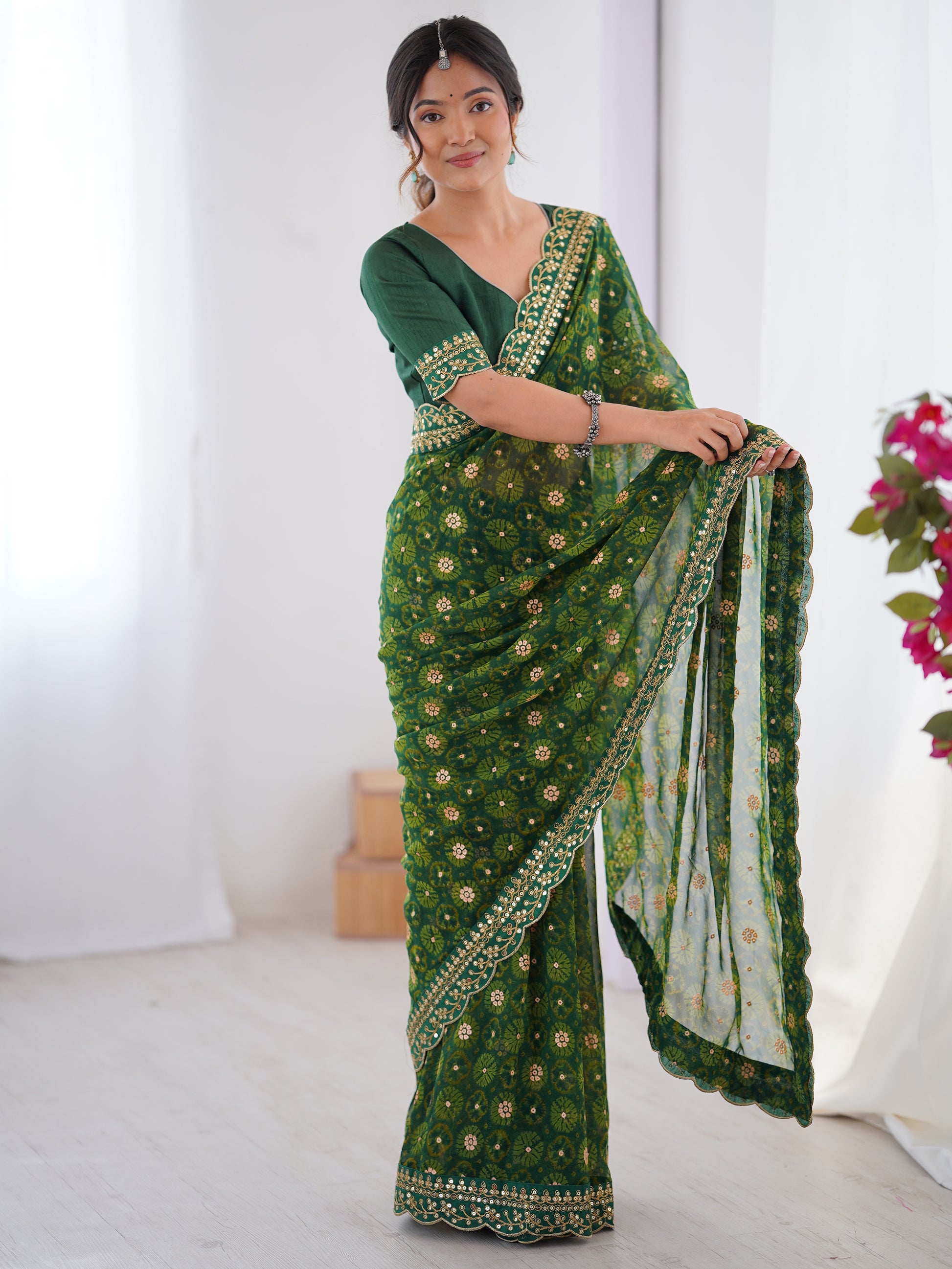 Charming Green Georgette Printed Festive Wear Designer Saree With Blouse