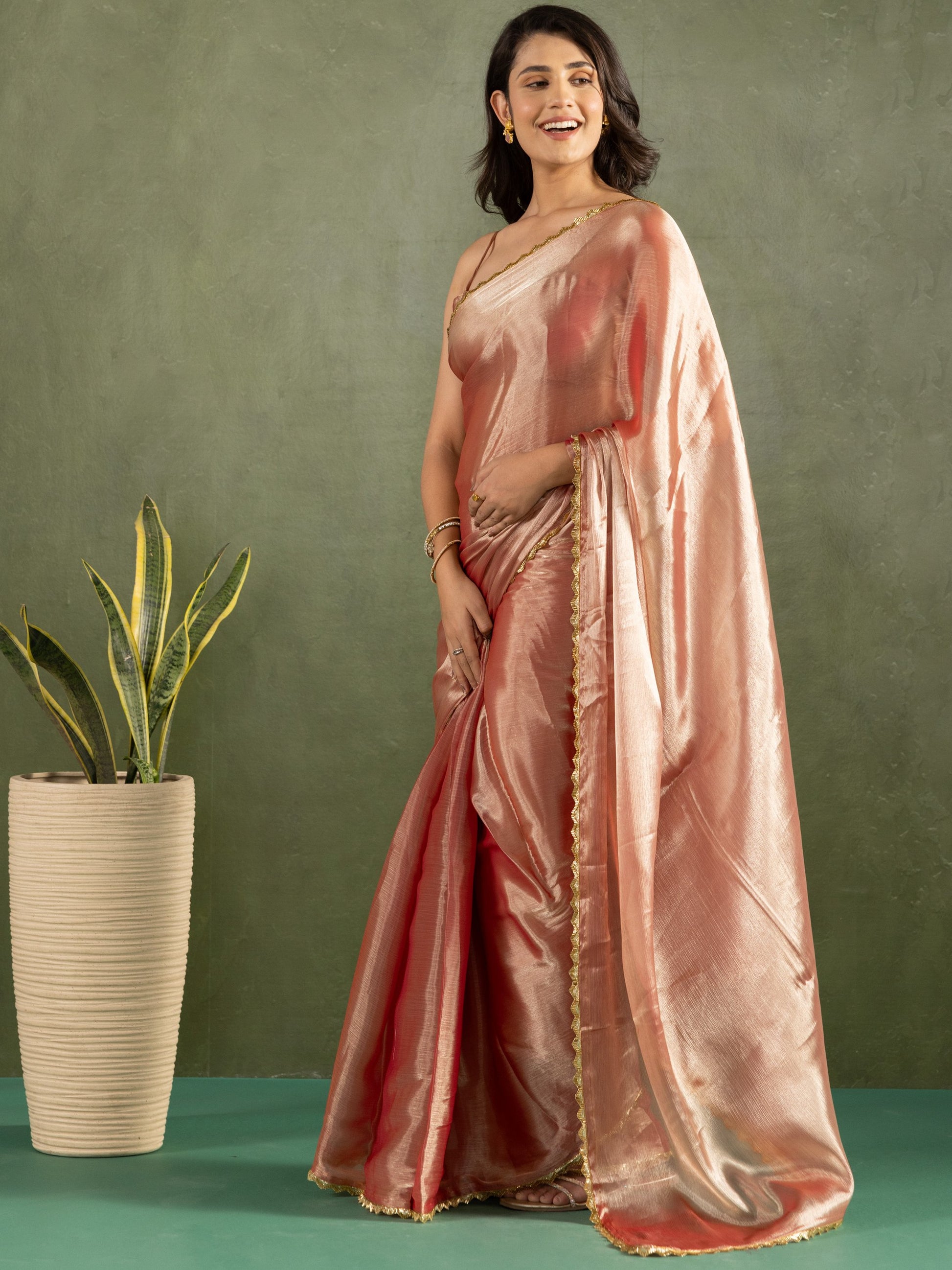 Elegant Rose Gold Lace Bordered Chiffon Reception Wear Ready To Wear Saree