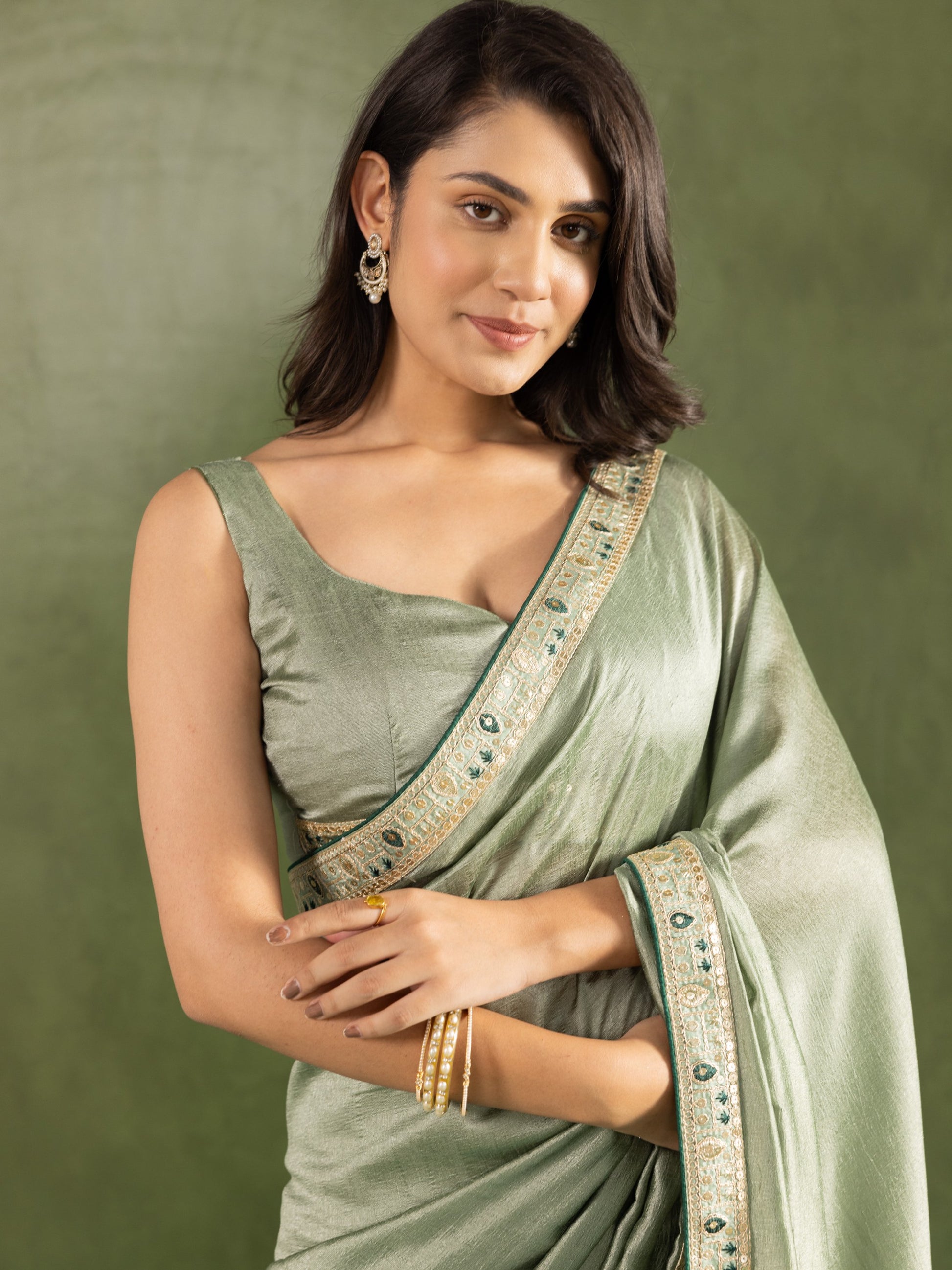 Marvelous Pista Green Border Work Chiffon Ready To Wear Saree With Blouse