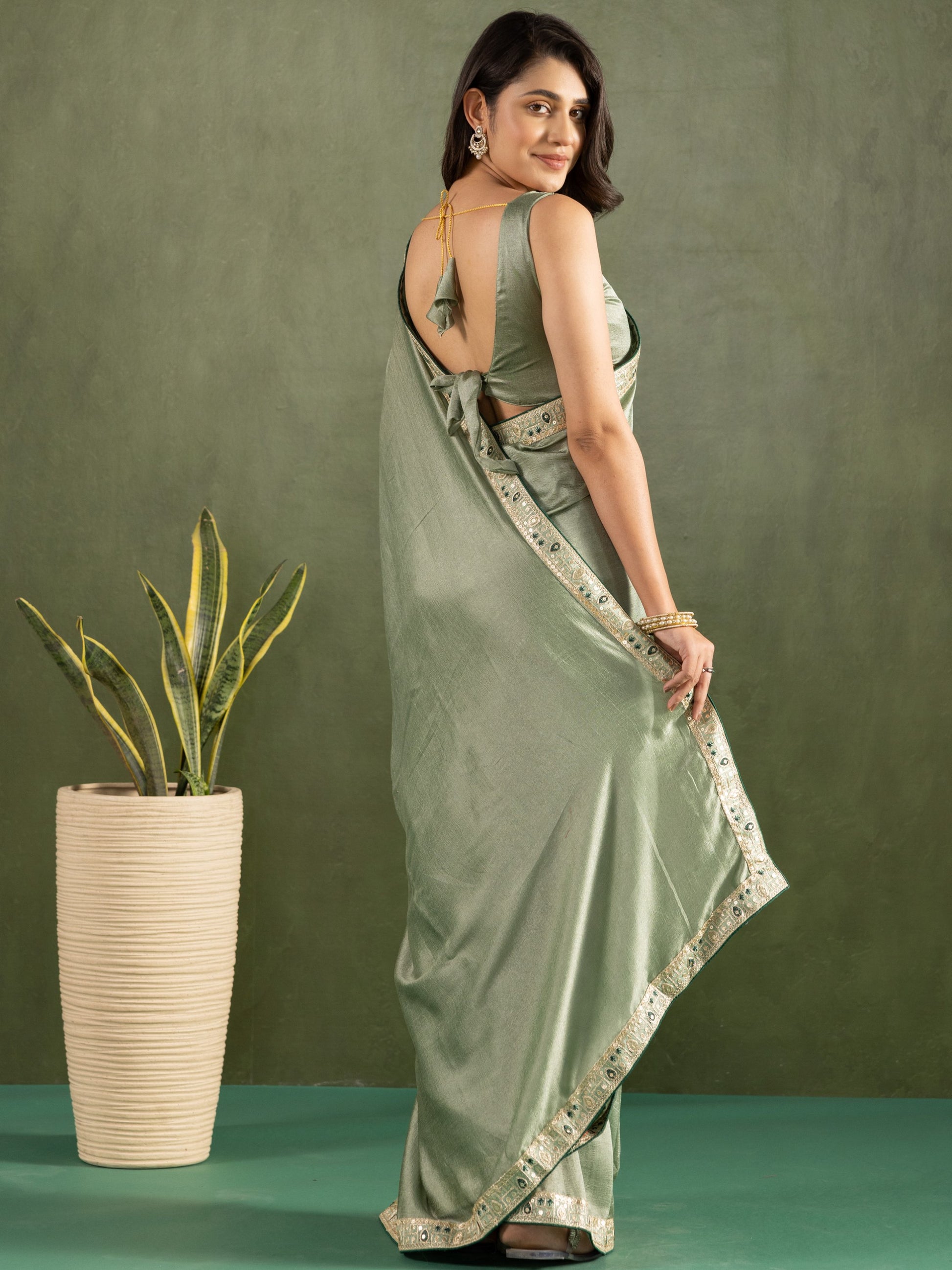 Marvelous Pista Green Border Work Chiffon Ready To Wear Saree With Blouse