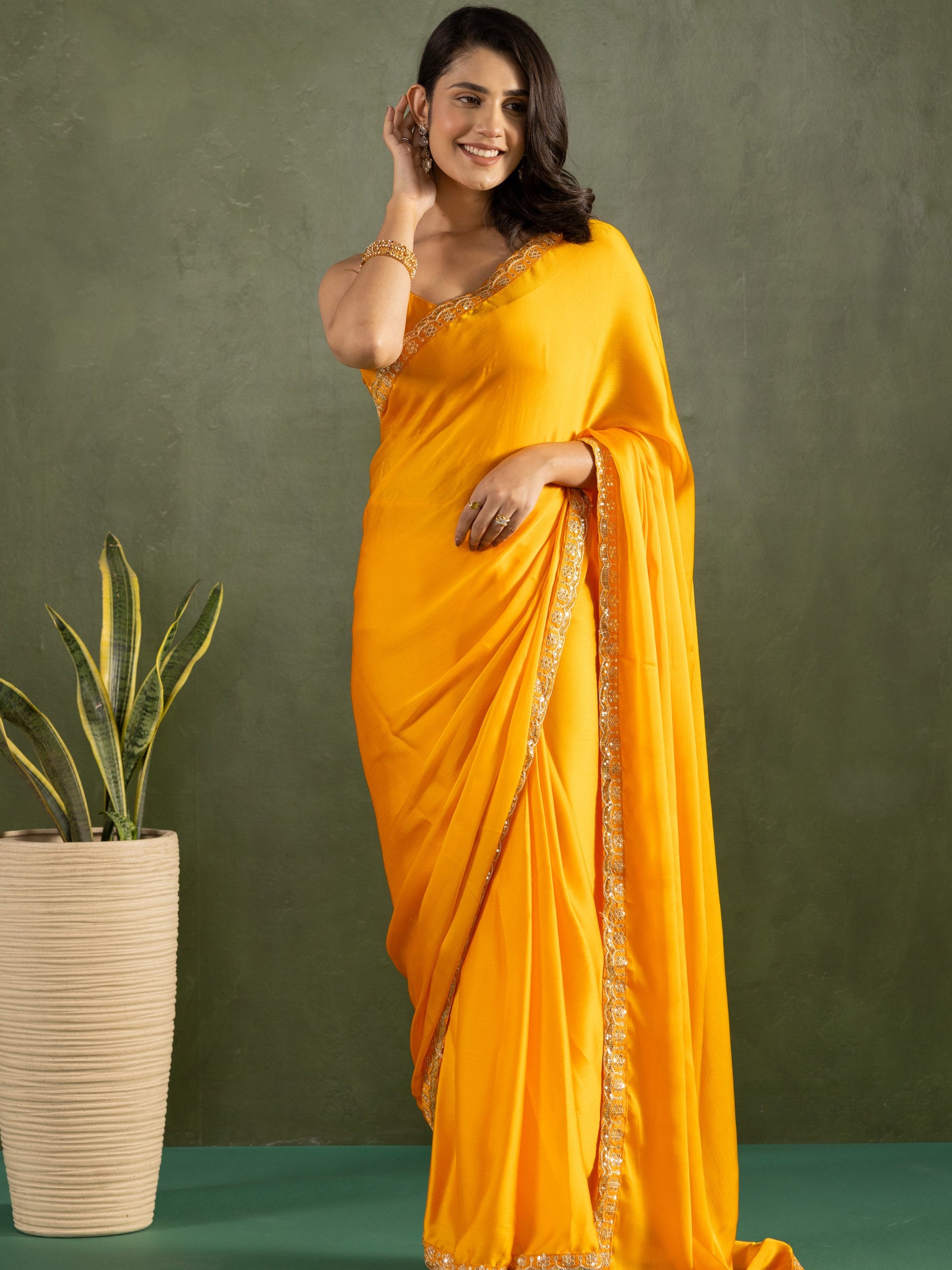 Fascinating Yellow Border Work Chiffon Haldi Wear Pre-Stitched Saree