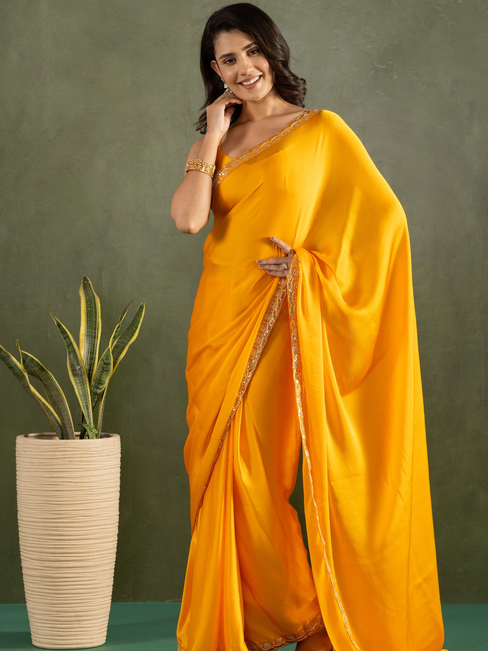 Fascinating Yellow Border Work Chiffon Haldi Wear Pre-Stitched Saree