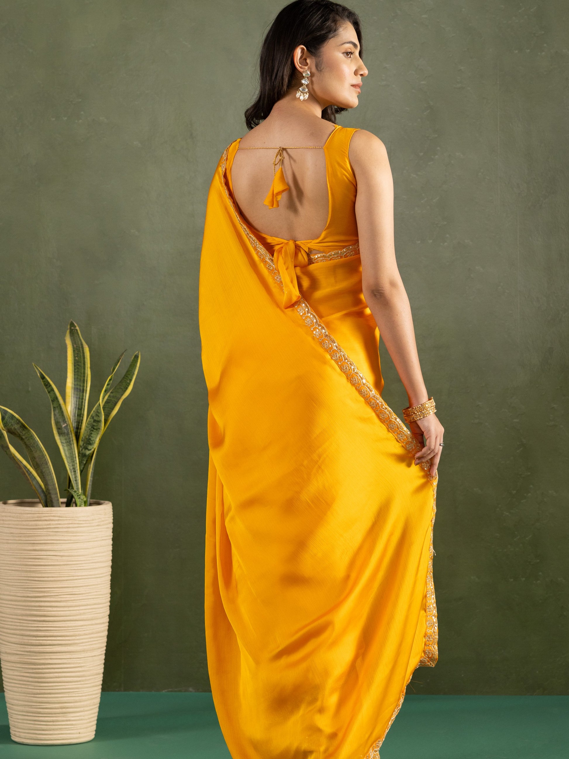 Fascinating Yellow Border Work Chiffon Haldi Wear Pre-Stitched Saree