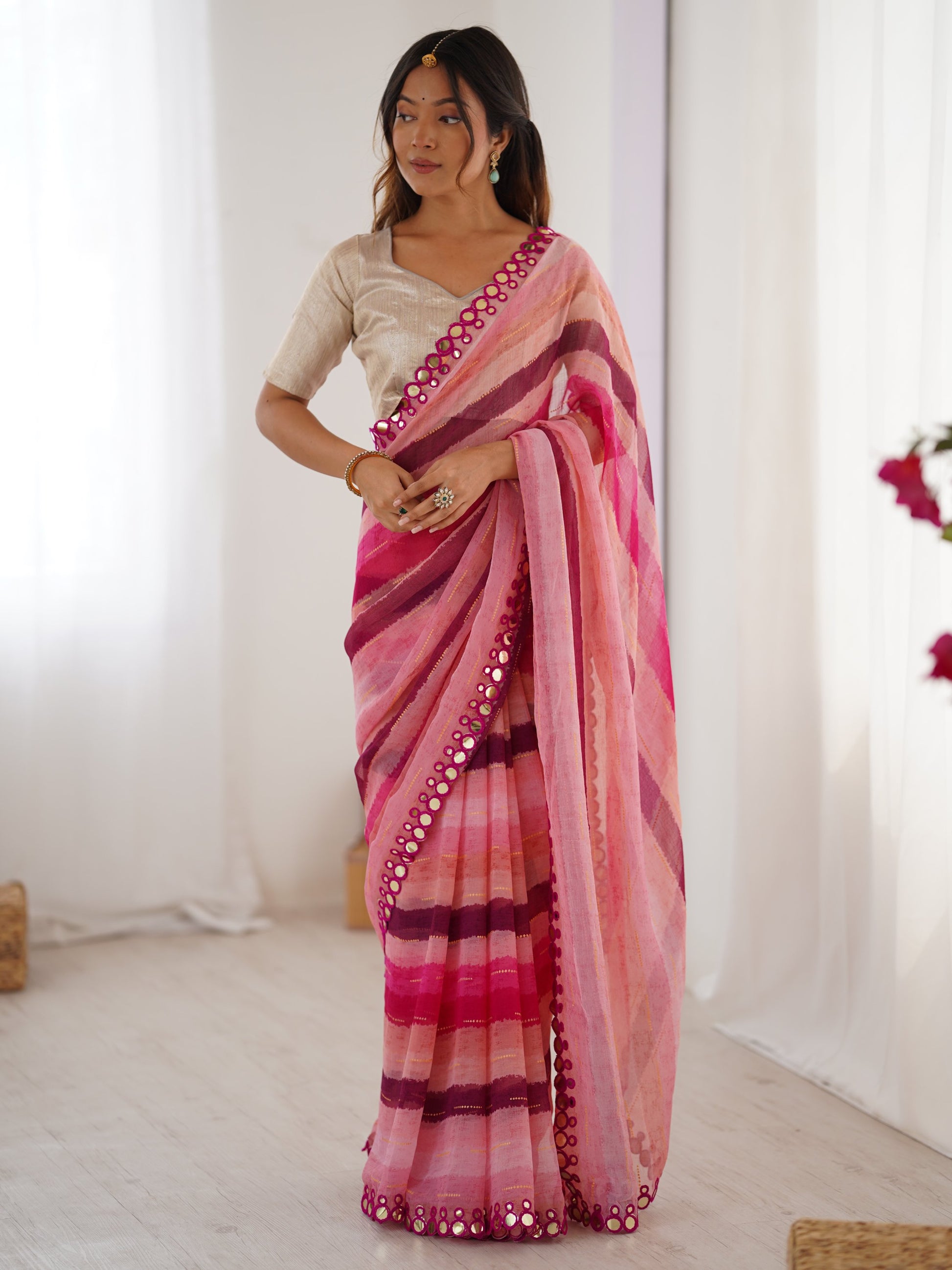 Majestic Pink Leheriya Printed Chiffon Party Wear Saree With Blouse