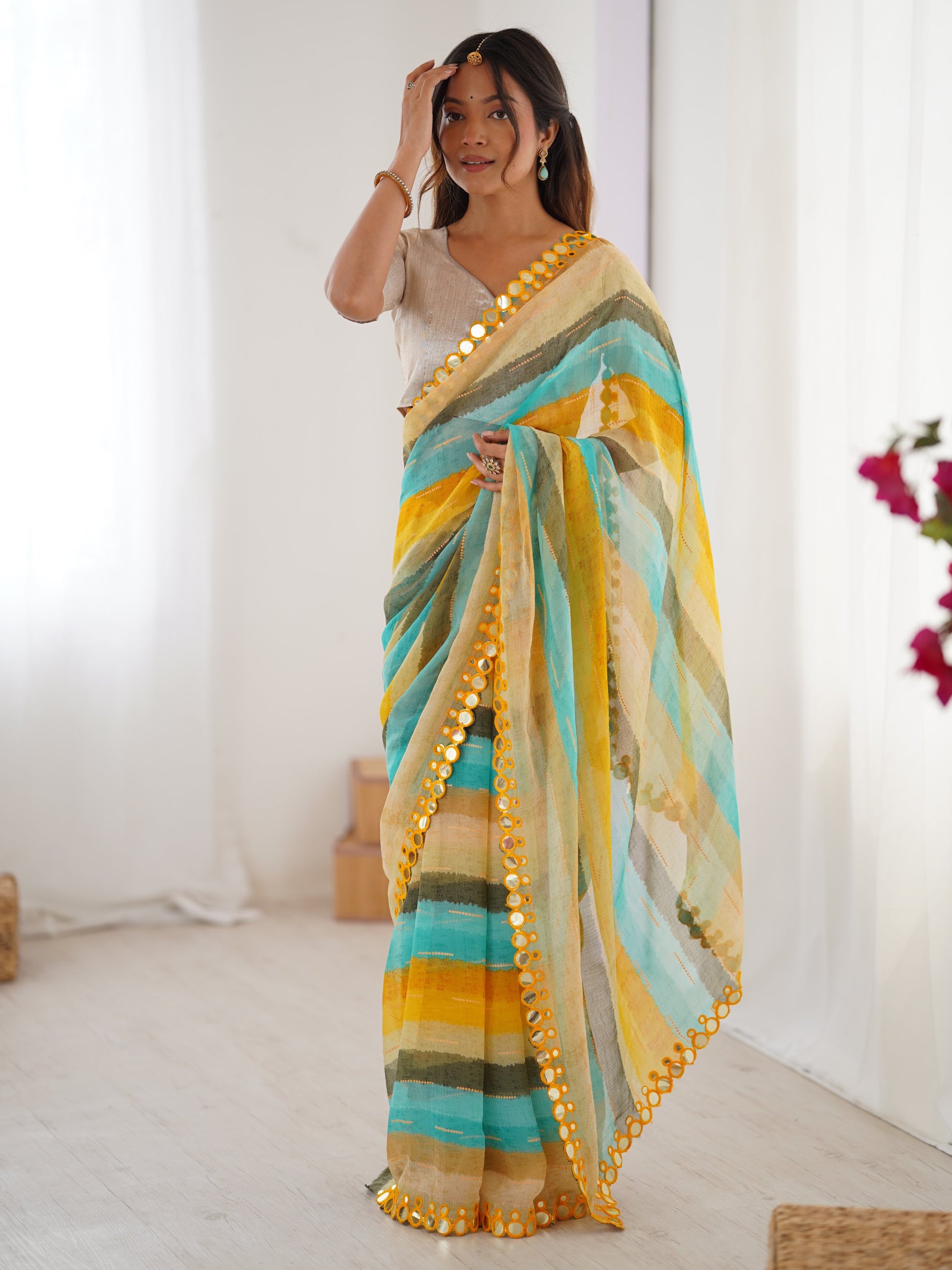 Delightful Yellow Leheriya Printed Chiffon Haldi Wear Saree