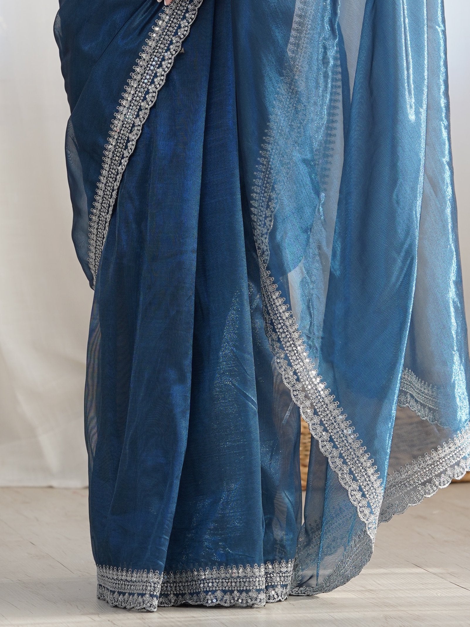 Ravishing Teal Blue Border Work Net Reception Wear Saree With Blouse