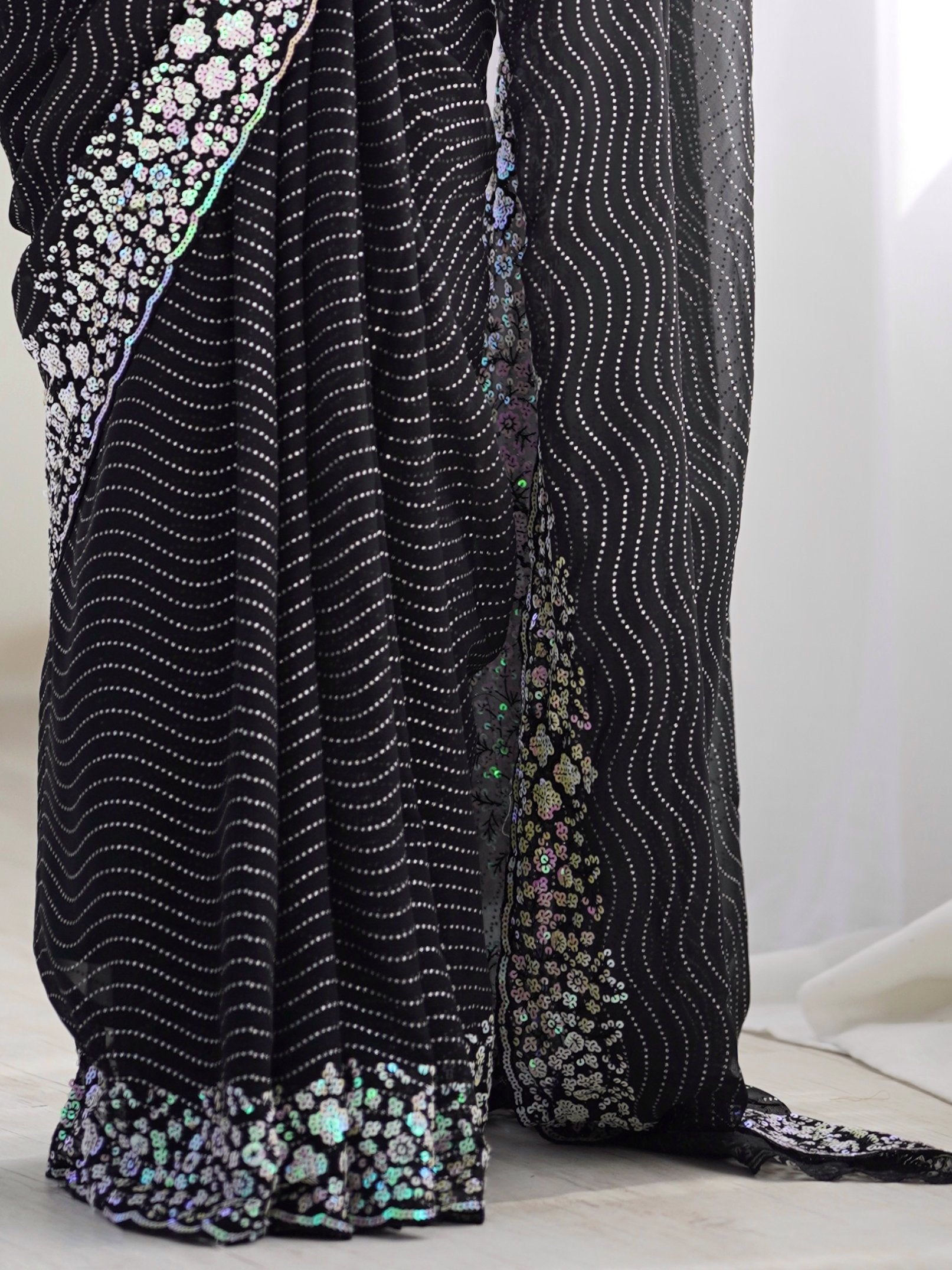 Eye-Catching Black Sequins Georgette Party Wear Saree With Blouse