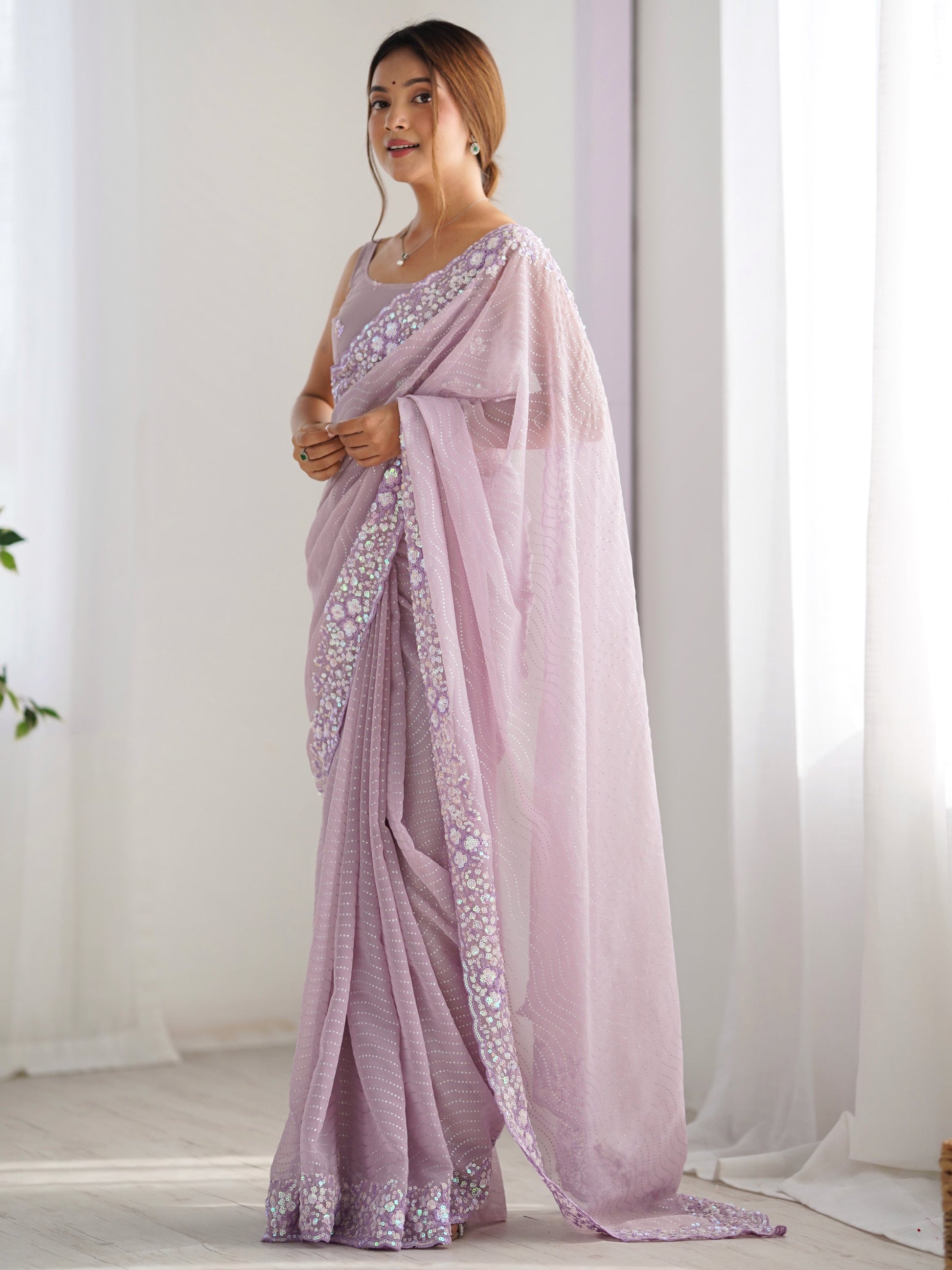 Fantabulous Lavender Embroidered Georgette Wedding Wear Saree