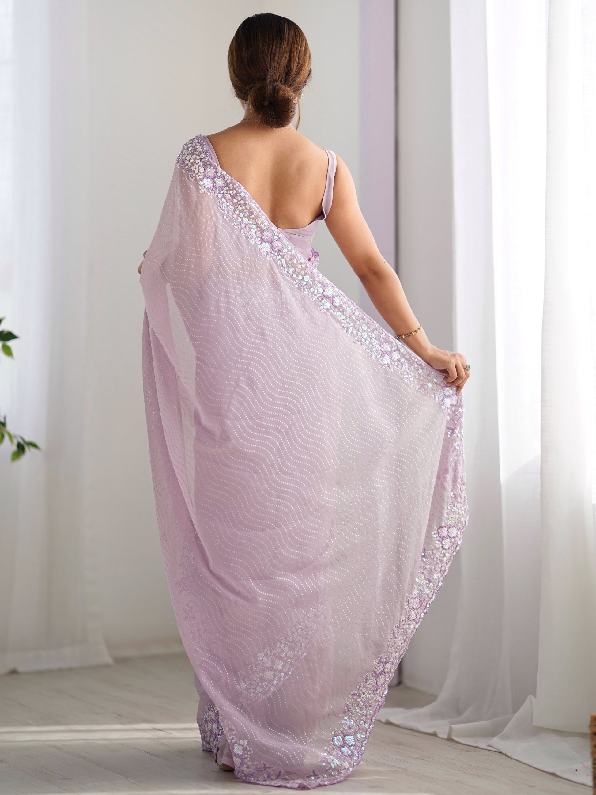 Fantabulous Lavender Embroidered Georgette Wedding Wear Saree