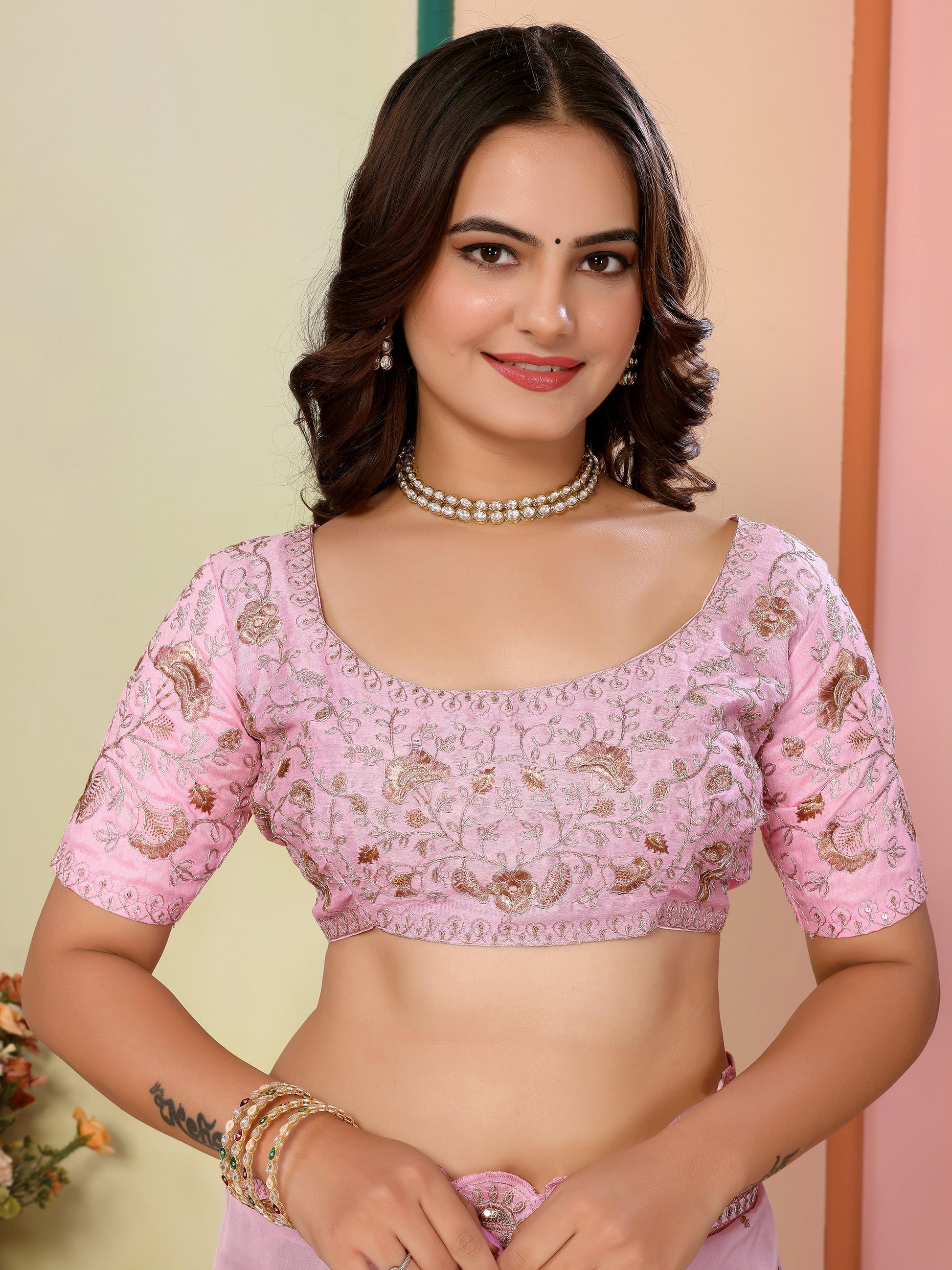 Lavish Baby Pink Thread Work Organza Party Wear Saree With Blouse