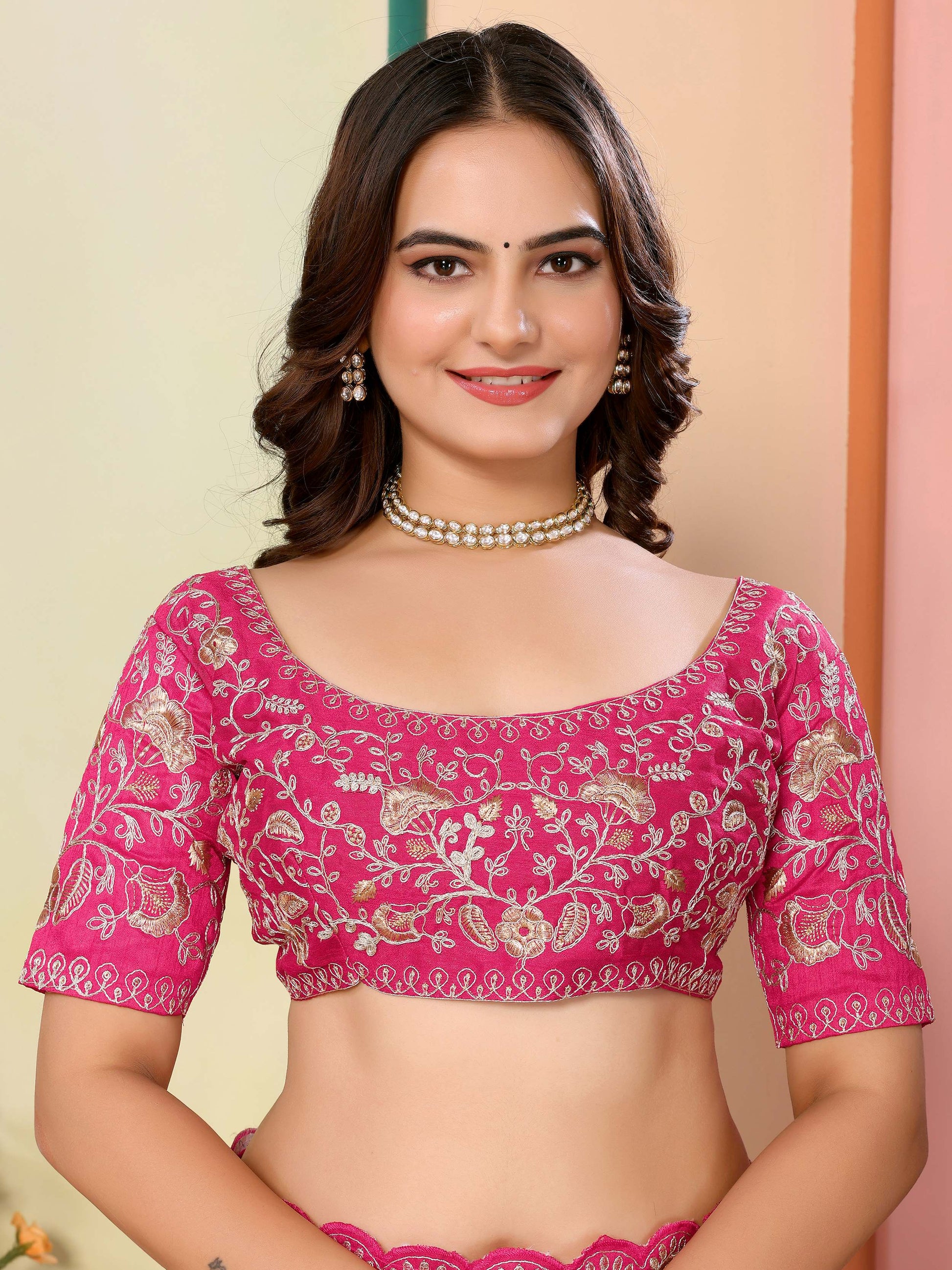 Bewitching Hot Pink Thread Embroidery Organza Event Wear Saree