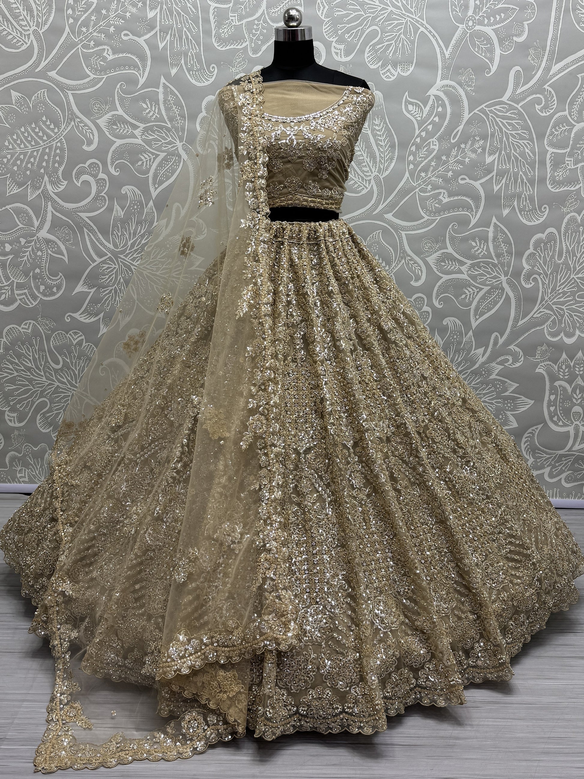 Precious Golden Sequins Heavy Net Bridal Lehenga Choli With Dupatta