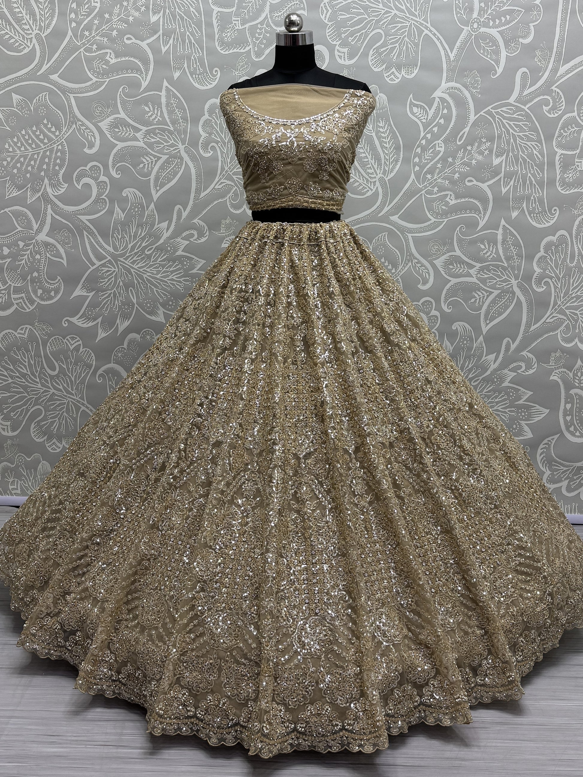Precious Golden Sequins Heavy Net Bridal Lehenga Choli With Dupatta