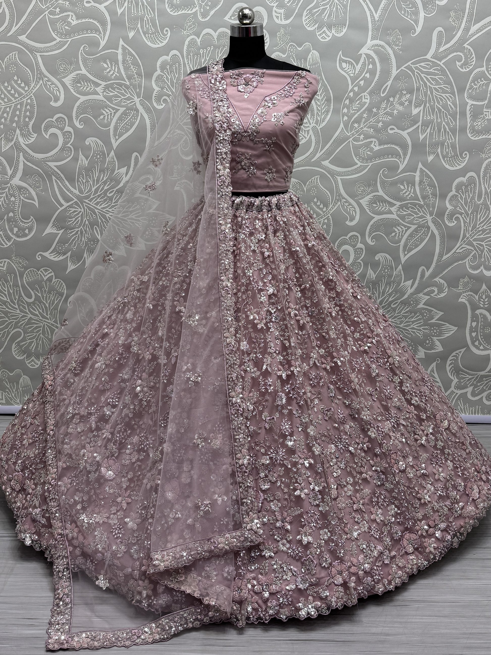 Captivating Rose Pink Bead Work Net Wedding Wear Lehenga Choli With Dupatta