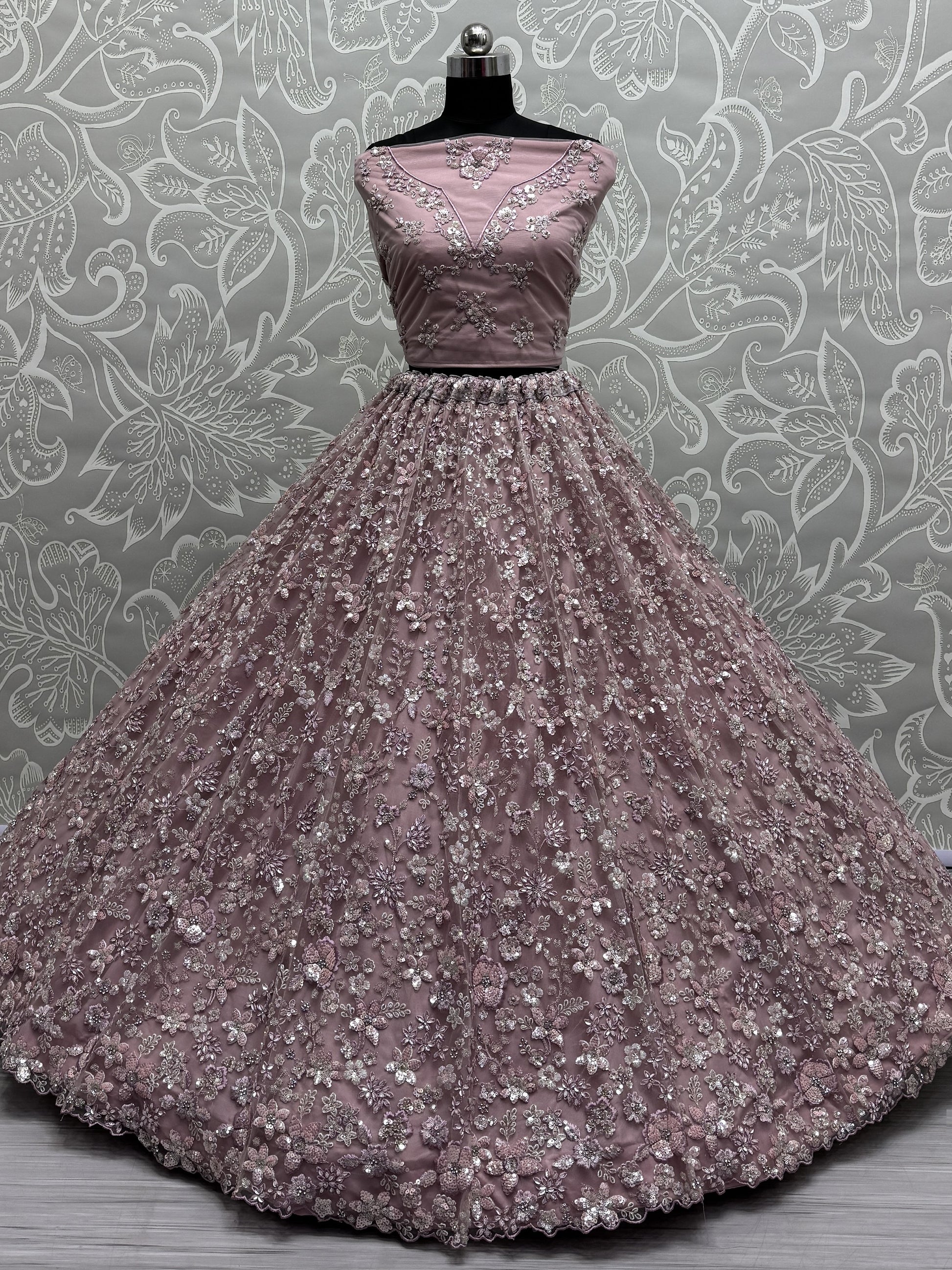 Captivating Rose Pink Bead Work Net Wedding Wear Lehenga Choli With Dupatta