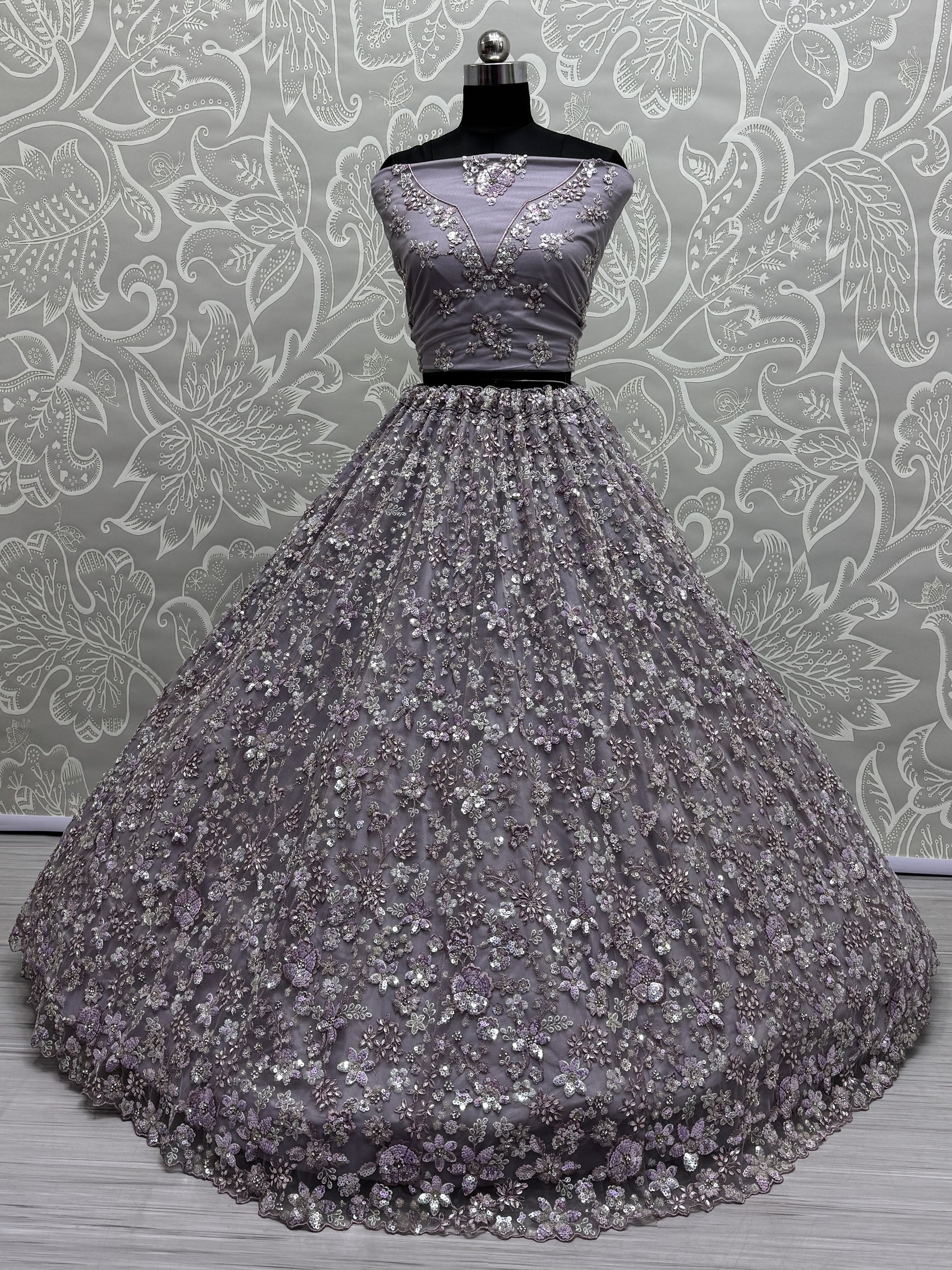 Adorable Lavender Sequins Work Net Bridesmaid Lehenga Choli With Dupatta