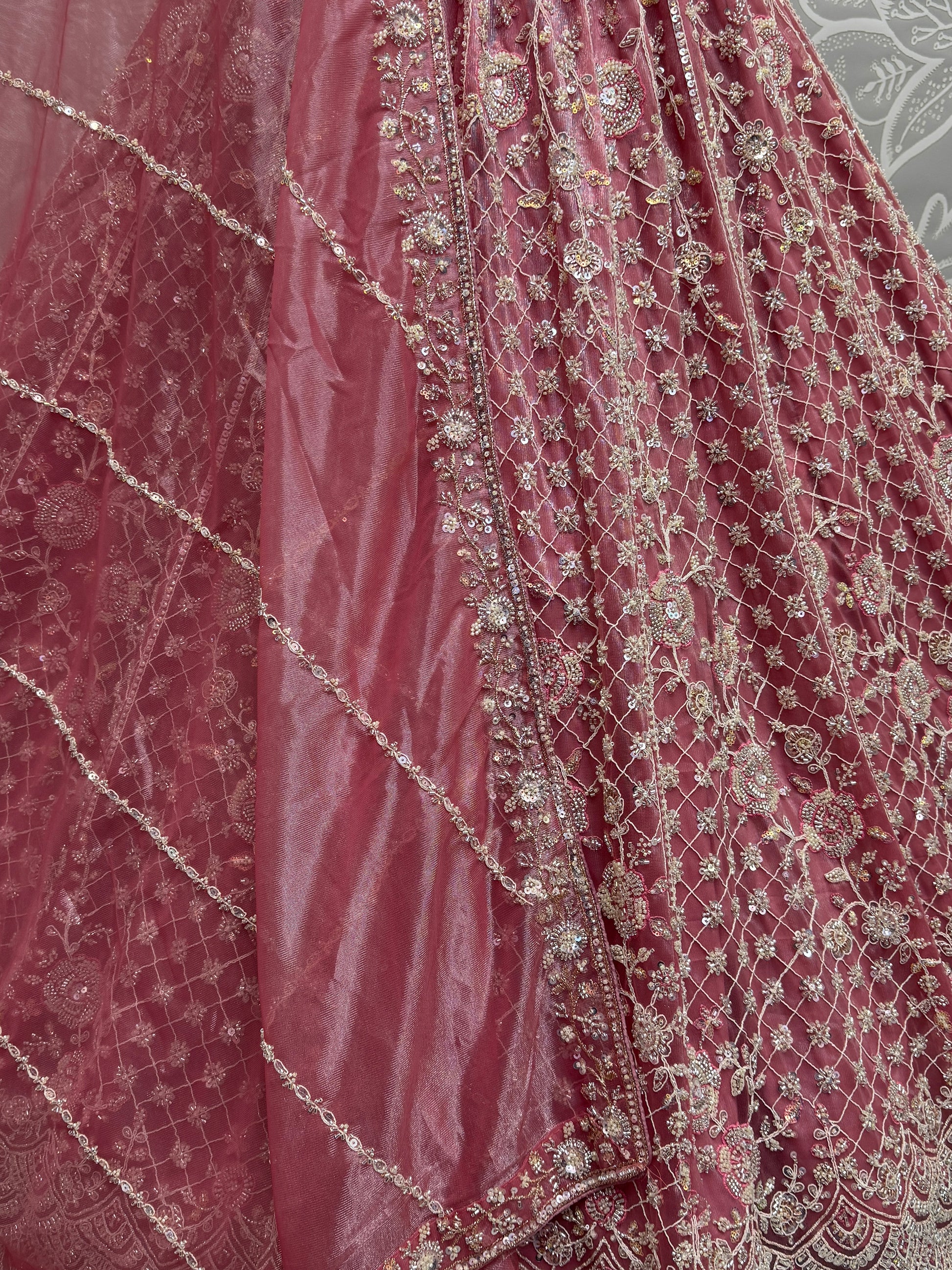 Adorable Pink Hand Work Net Bridal Wear Lehenga Choli With Dupatta