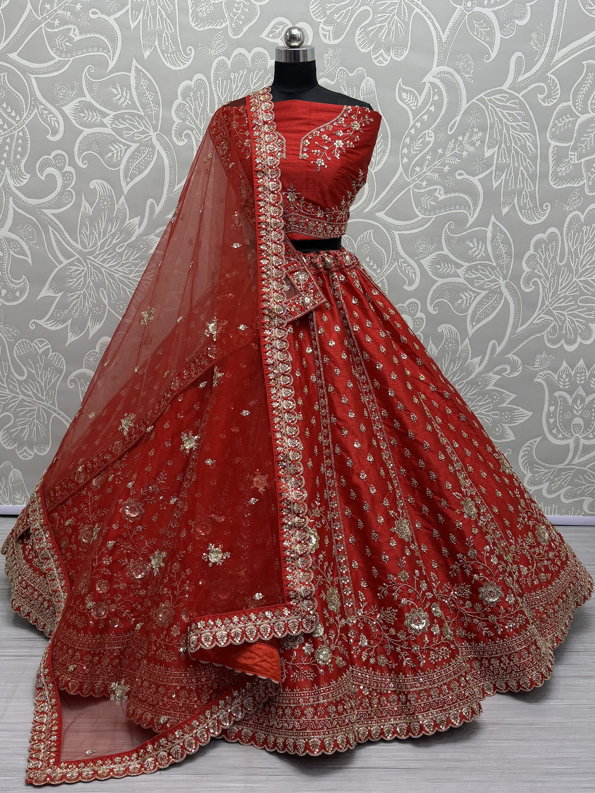 Lovely Red Hand Work Net Bridal Wear Lehenga Choli With Double Dupatta