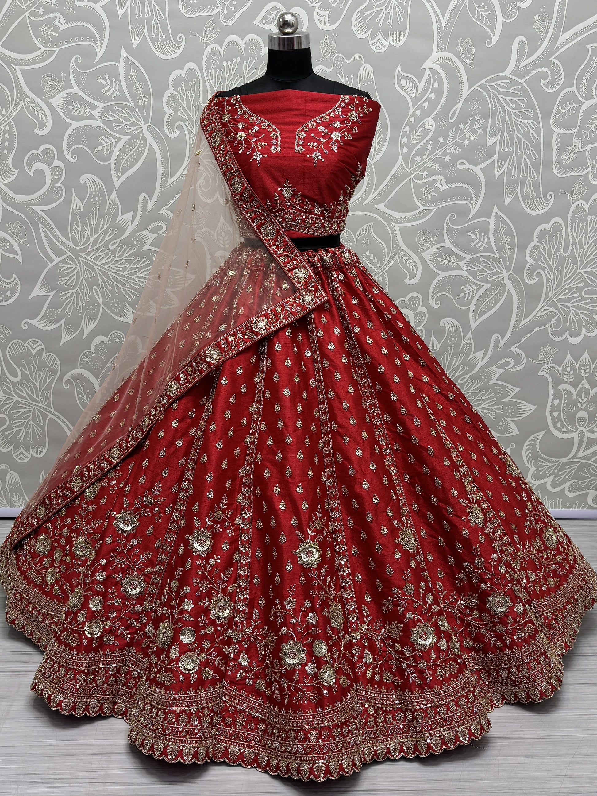 Lovely Red Hand Work Net Bridal Wear Lehenga Choli With Double Dupatta