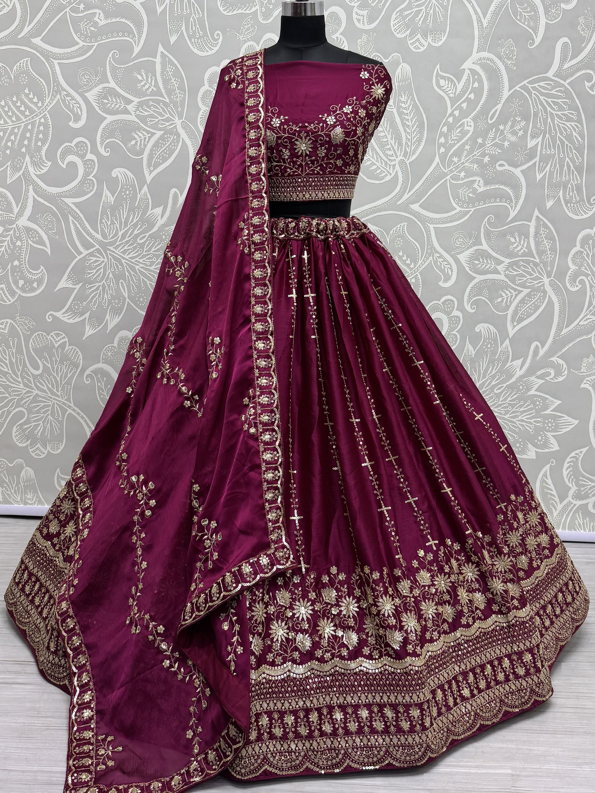 Astonishing Burgundy Thread Work Satin Bridal Lehenga Choli