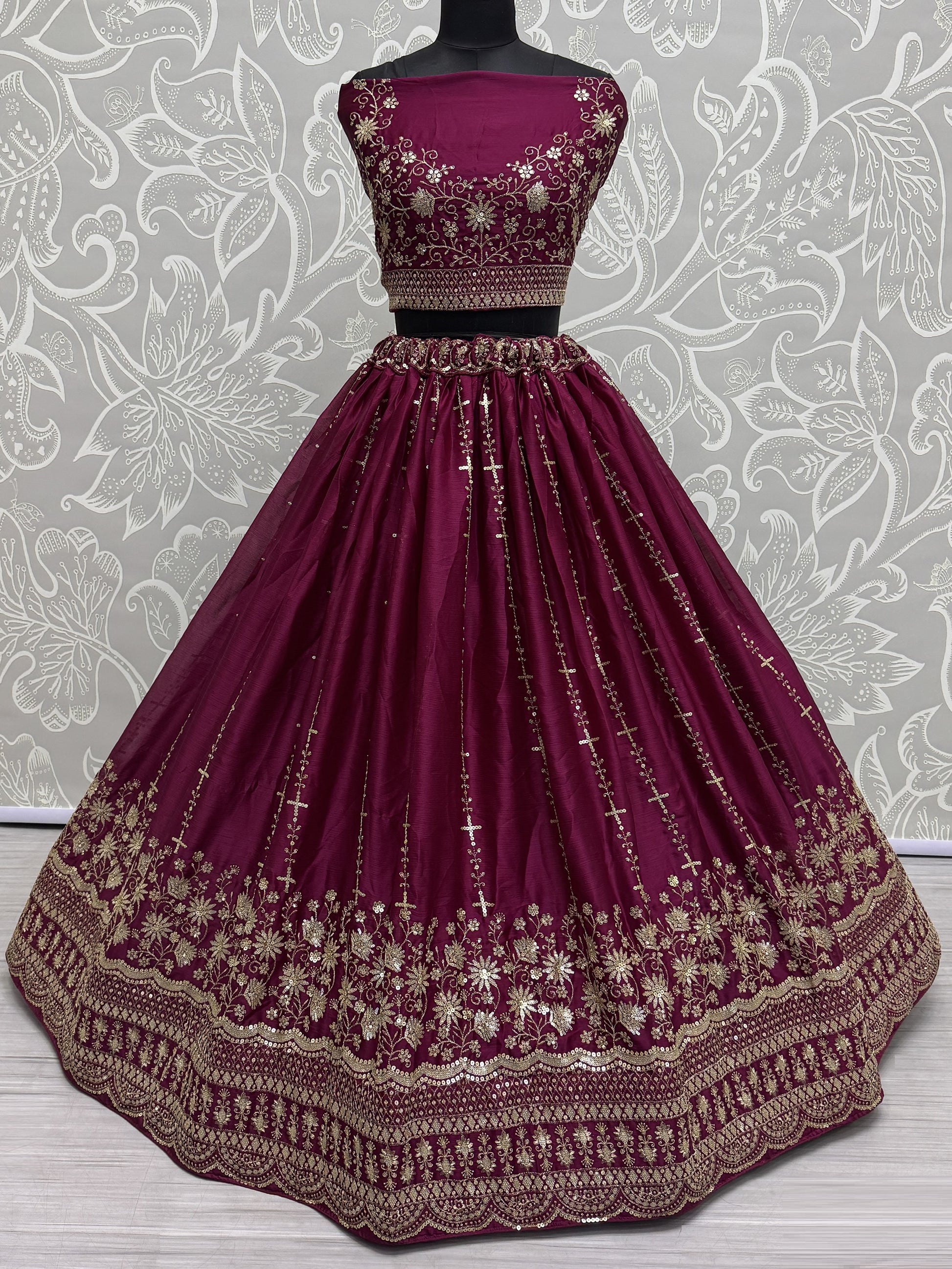 Astonishing Burgundy Thread Work Satin Bridal Lehenga Choli