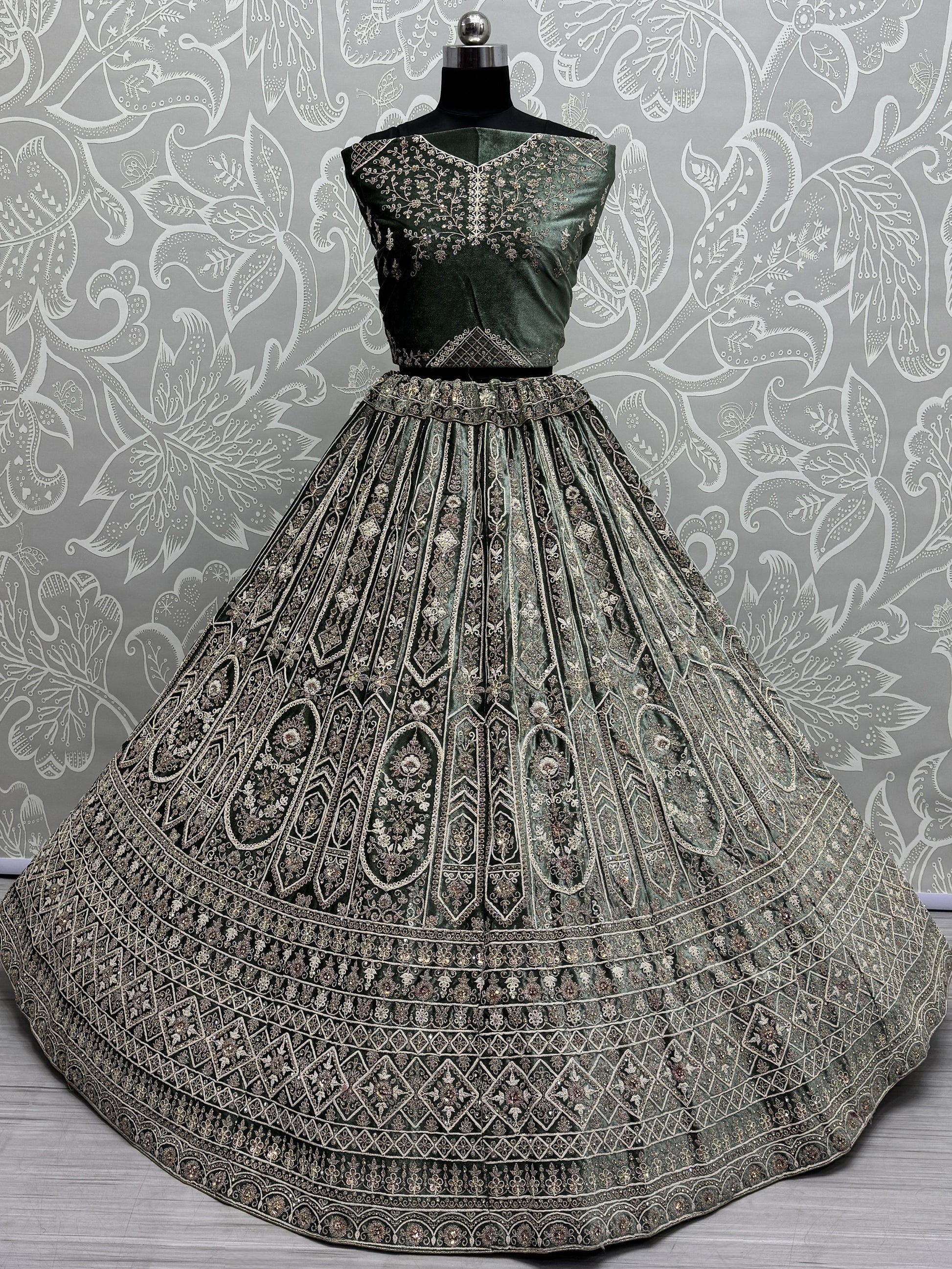 Charming Green Velvet Bridal Lehenga Choli With Double Dupatta