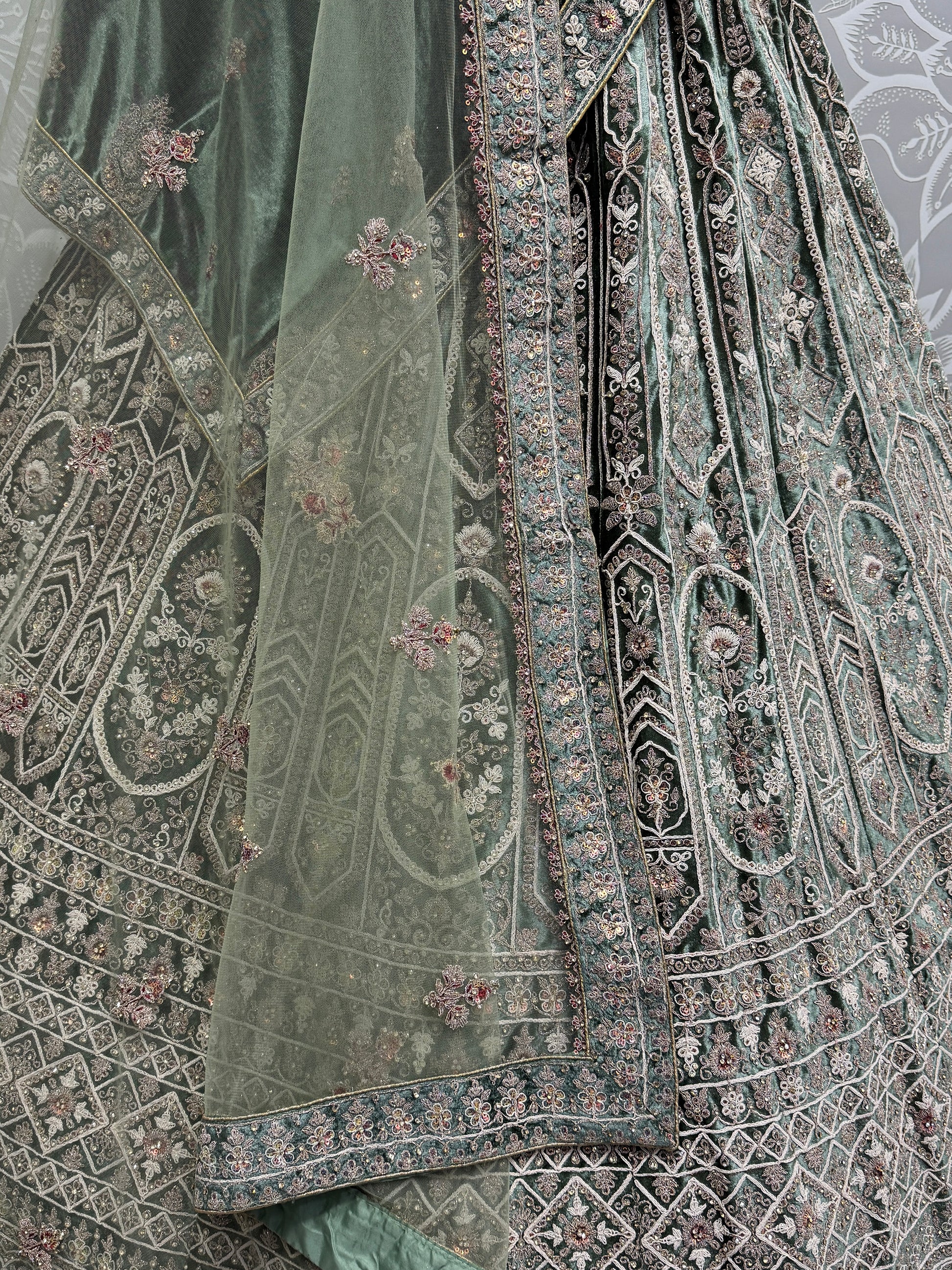 Charming Green Velvet Bridal Lehenga Choli With Double Dupatta