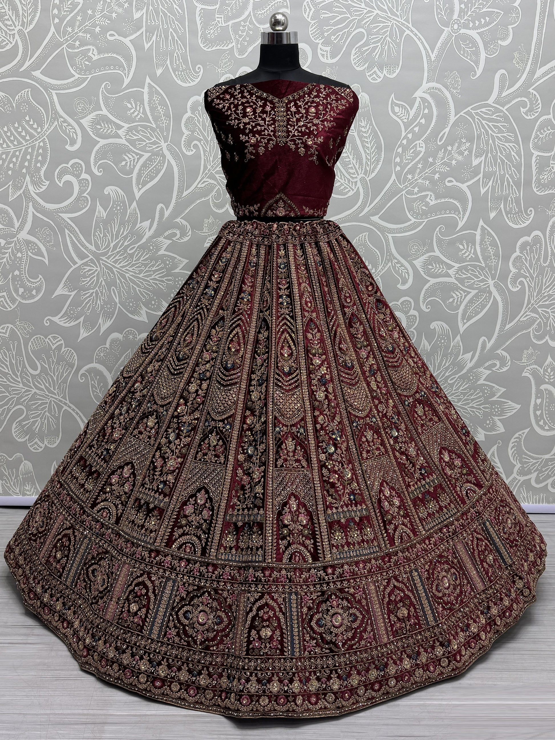Magnetic Maroon Thread Work Bridal Lehenga Choli With Double Dupatta
