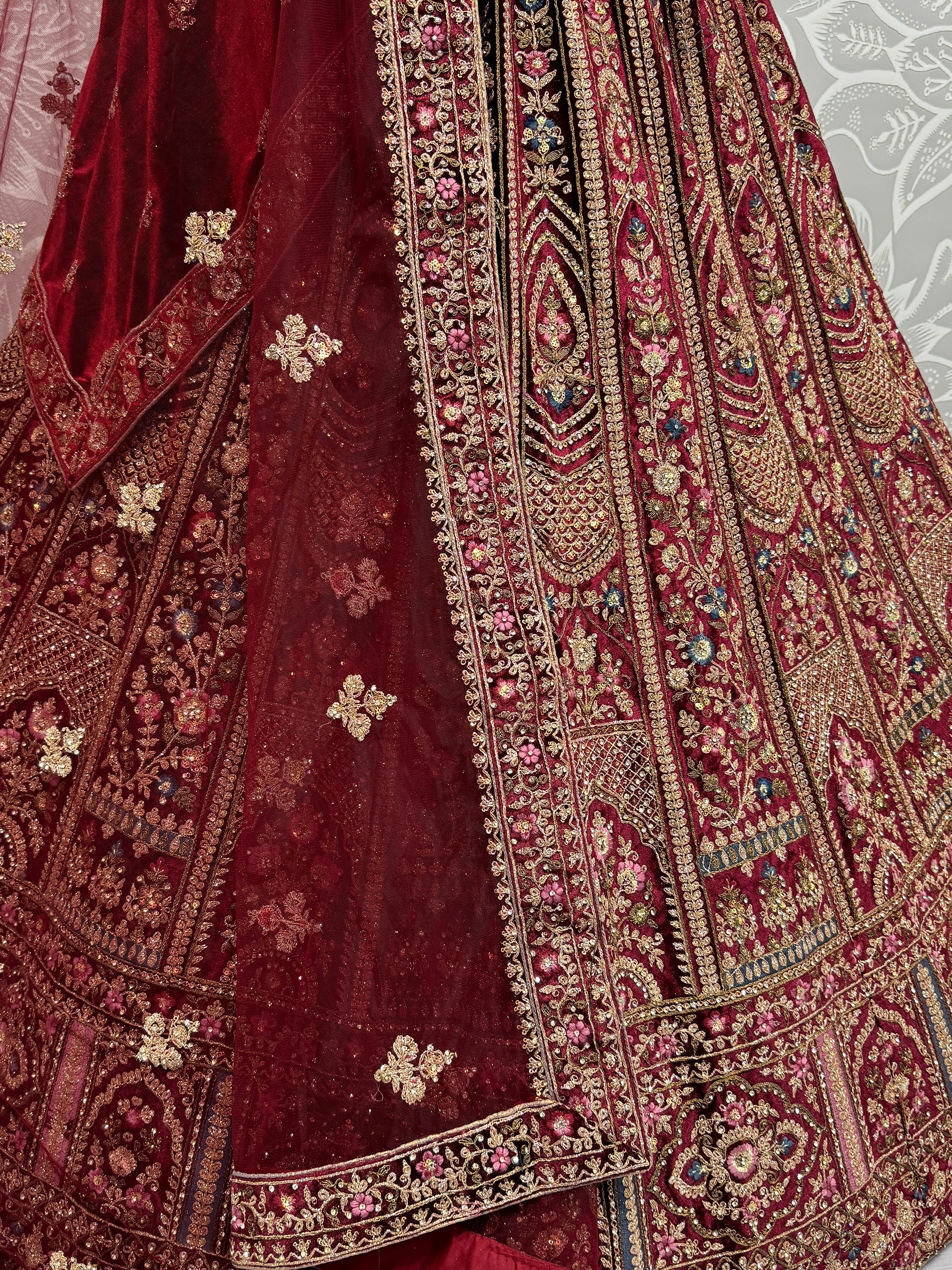 Magnetic Maroon Thread Work Bridal Lehenga Choli With Double Dupatta