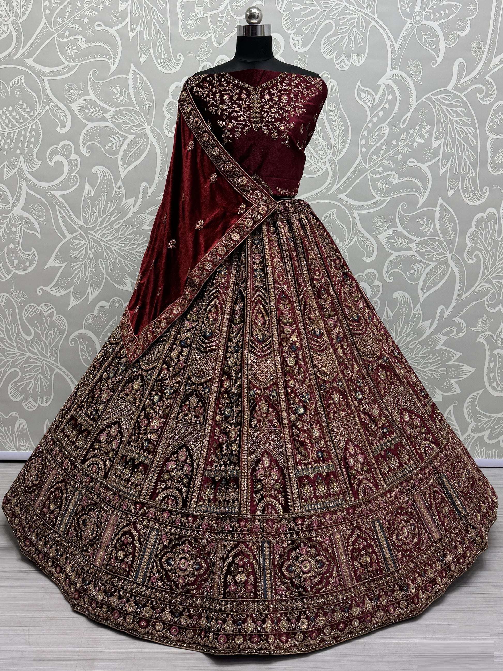 Magnetic Maroon Thread Work Bridal Lehenga Choli With Double Dupatta