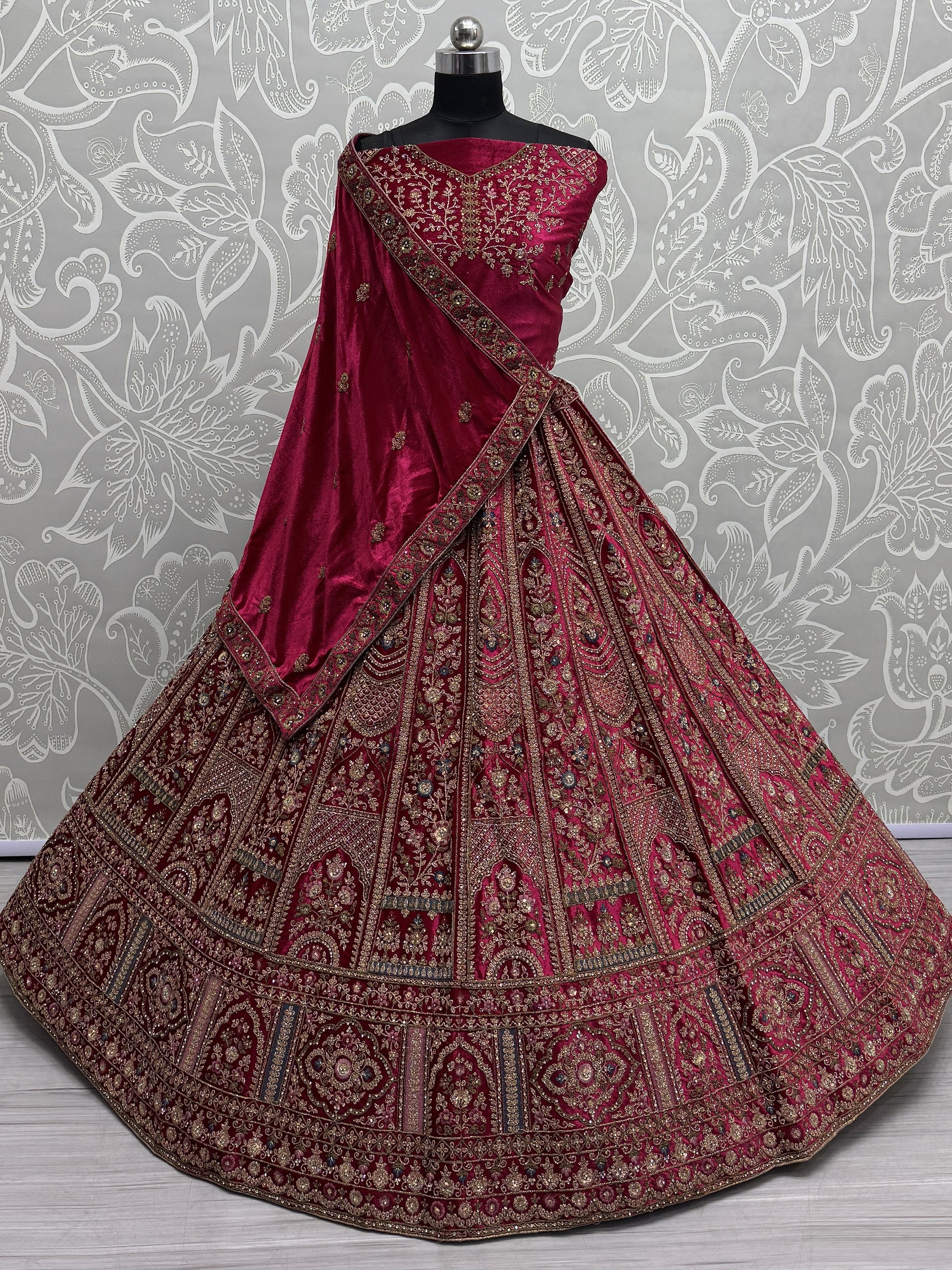 Attractive Rani Pink Velvet Bridal Lehenga Choli With Double Dupatta
