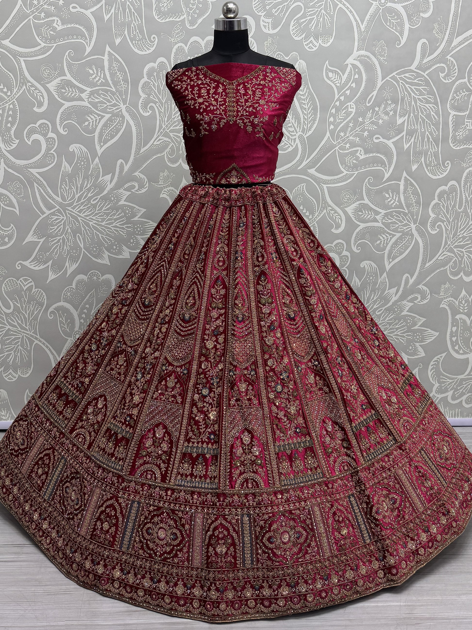 Attractive Rani Pink Velvet Bridal Lehenga Choli With Double Dupatta