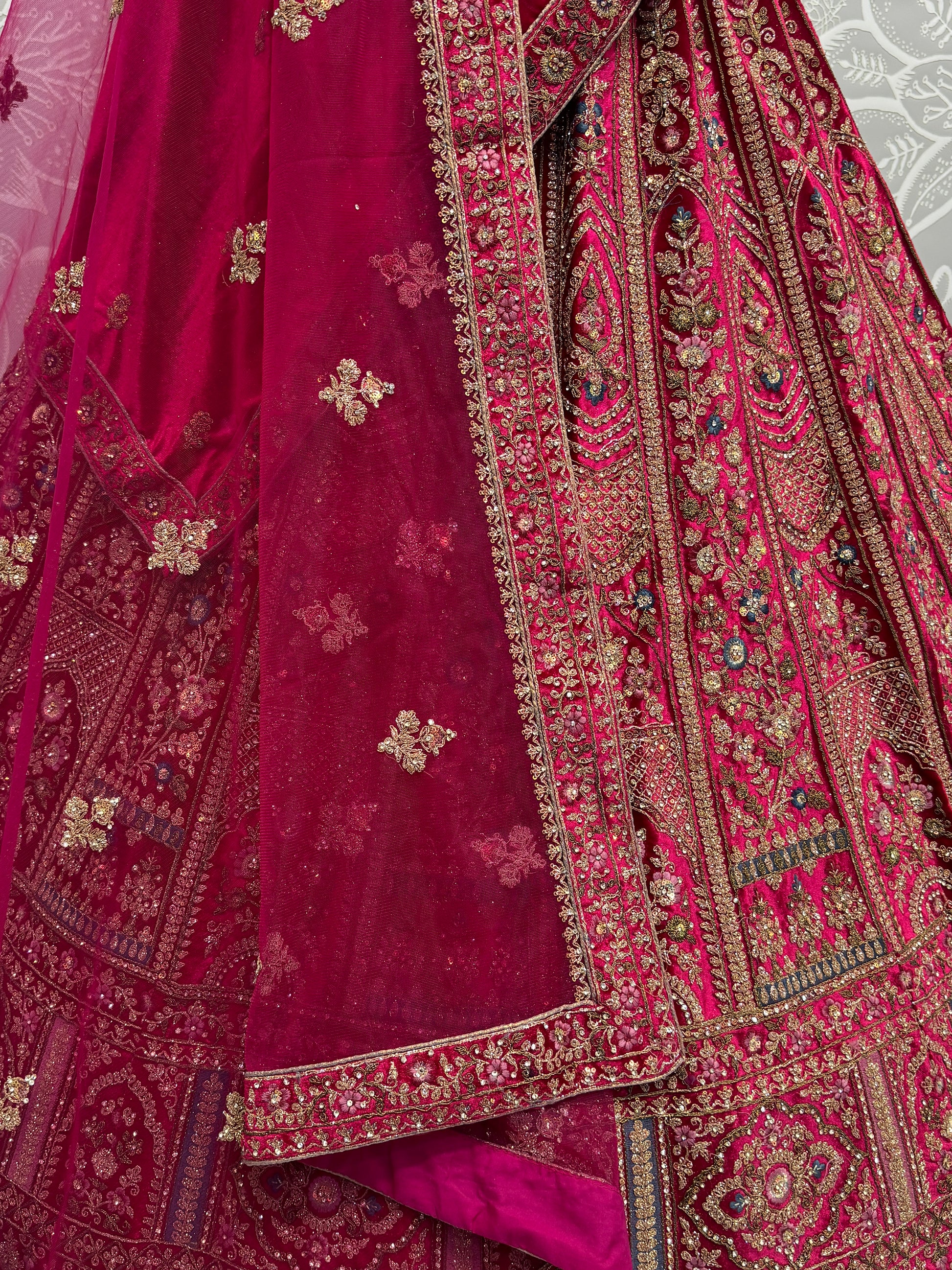 Attractive Rani Pink Velvet Bridal Lehenga Choli With Double Dupatta