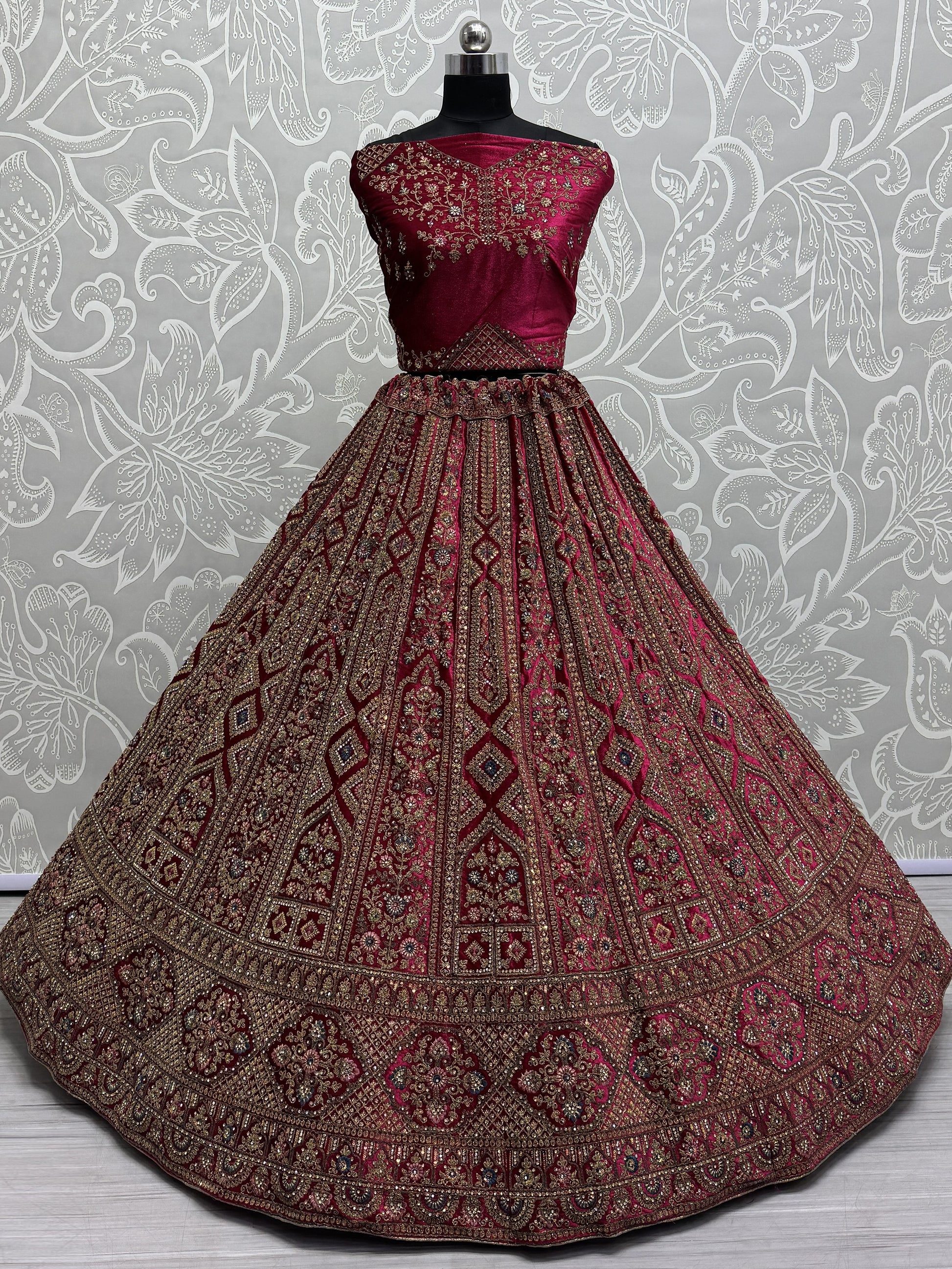 Sweet Pink Dori Work Velvet Bridal Lehenga Choli With Double Dupatta