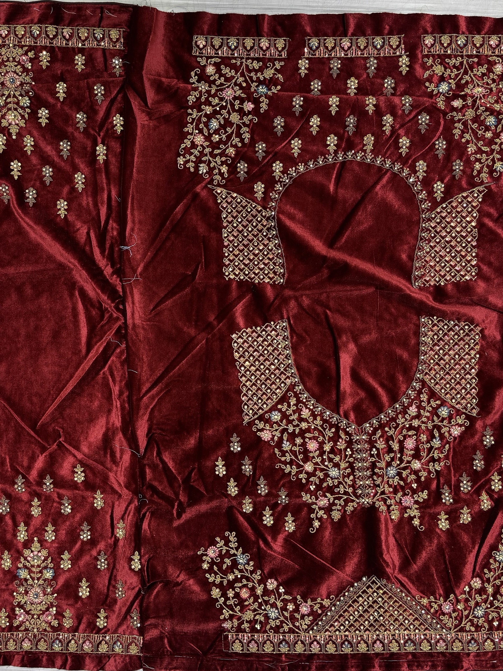 Cute Maroon Dori Work Velvet Bridal Lehenga Choli With Double Dupatta