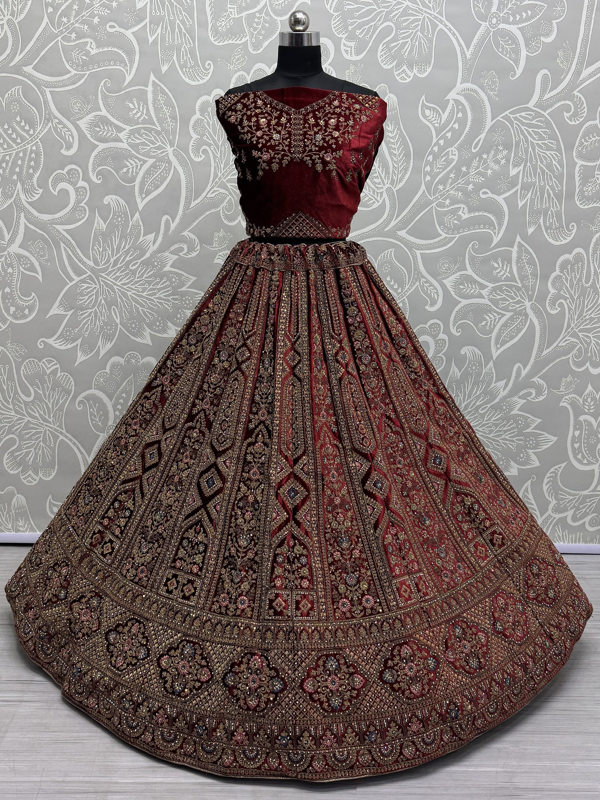 Cute Maroon Dori Work Velvet Bridal Lehenga Choli With Double Dupatta