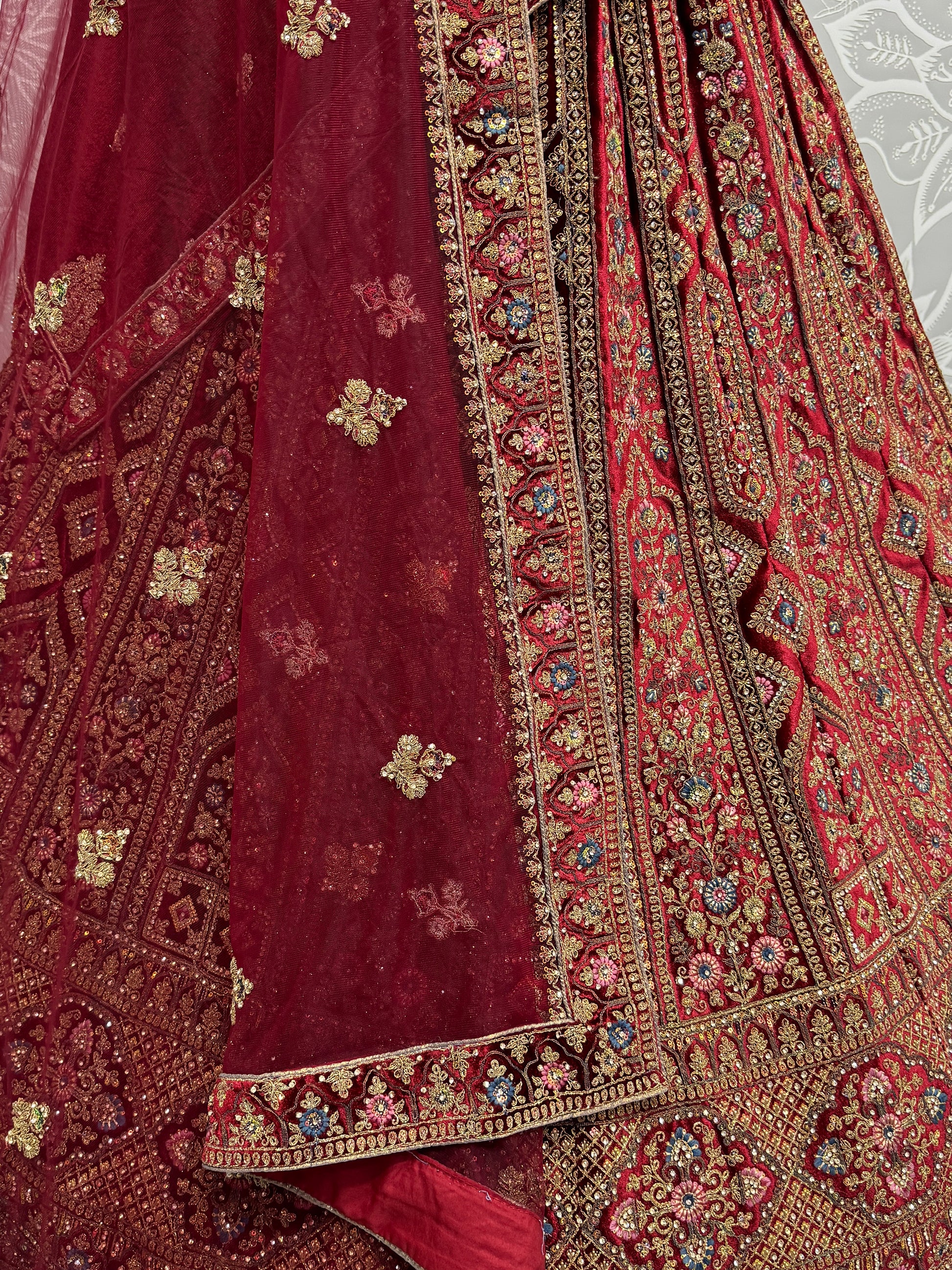 Cute Maroon Dori Work Velvet Bridal Lehenga Choli With Double Dupatta
