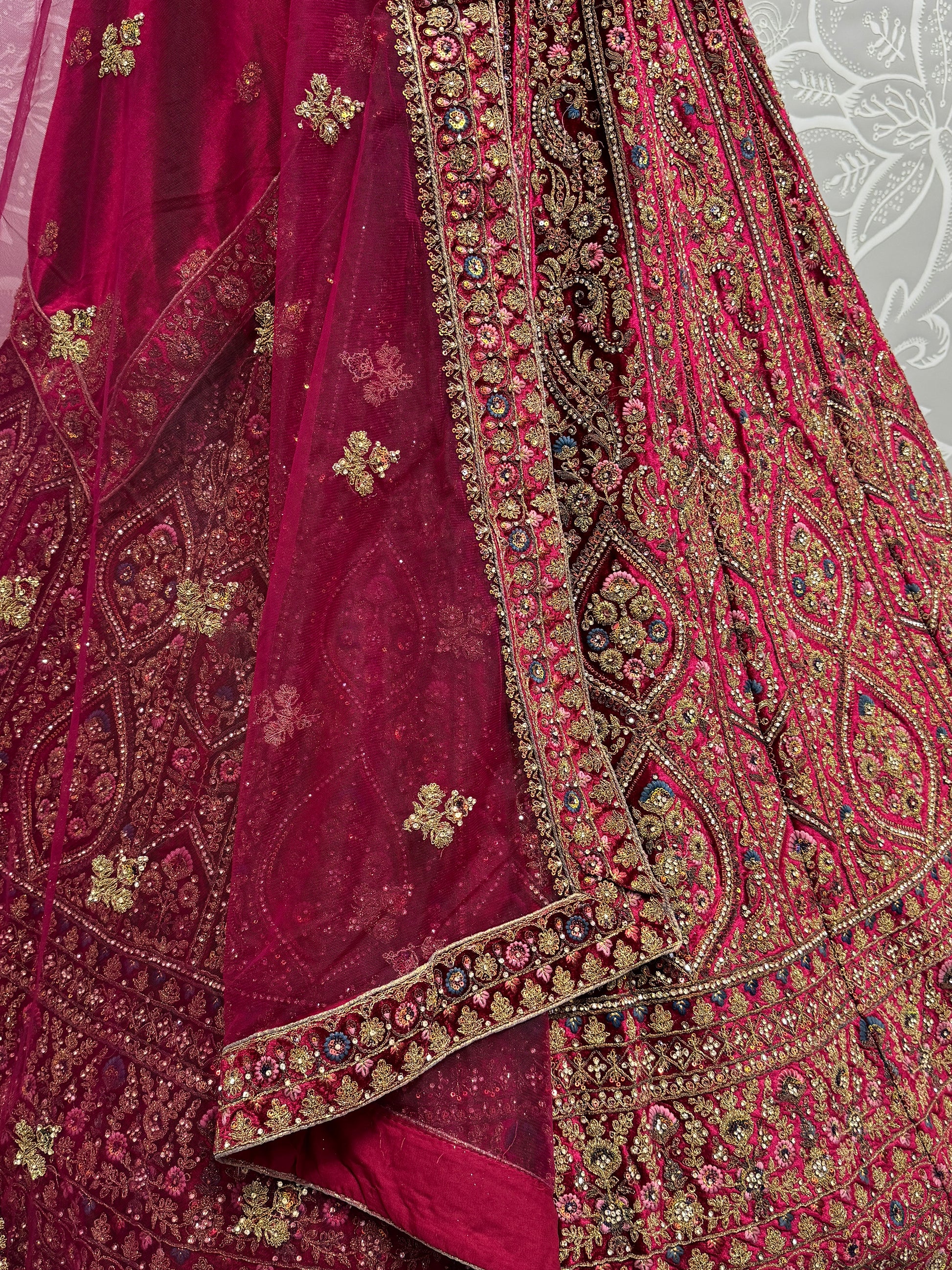 Fabulous Pink Velvet Bridal Lehenga Choli With Double Dupatta